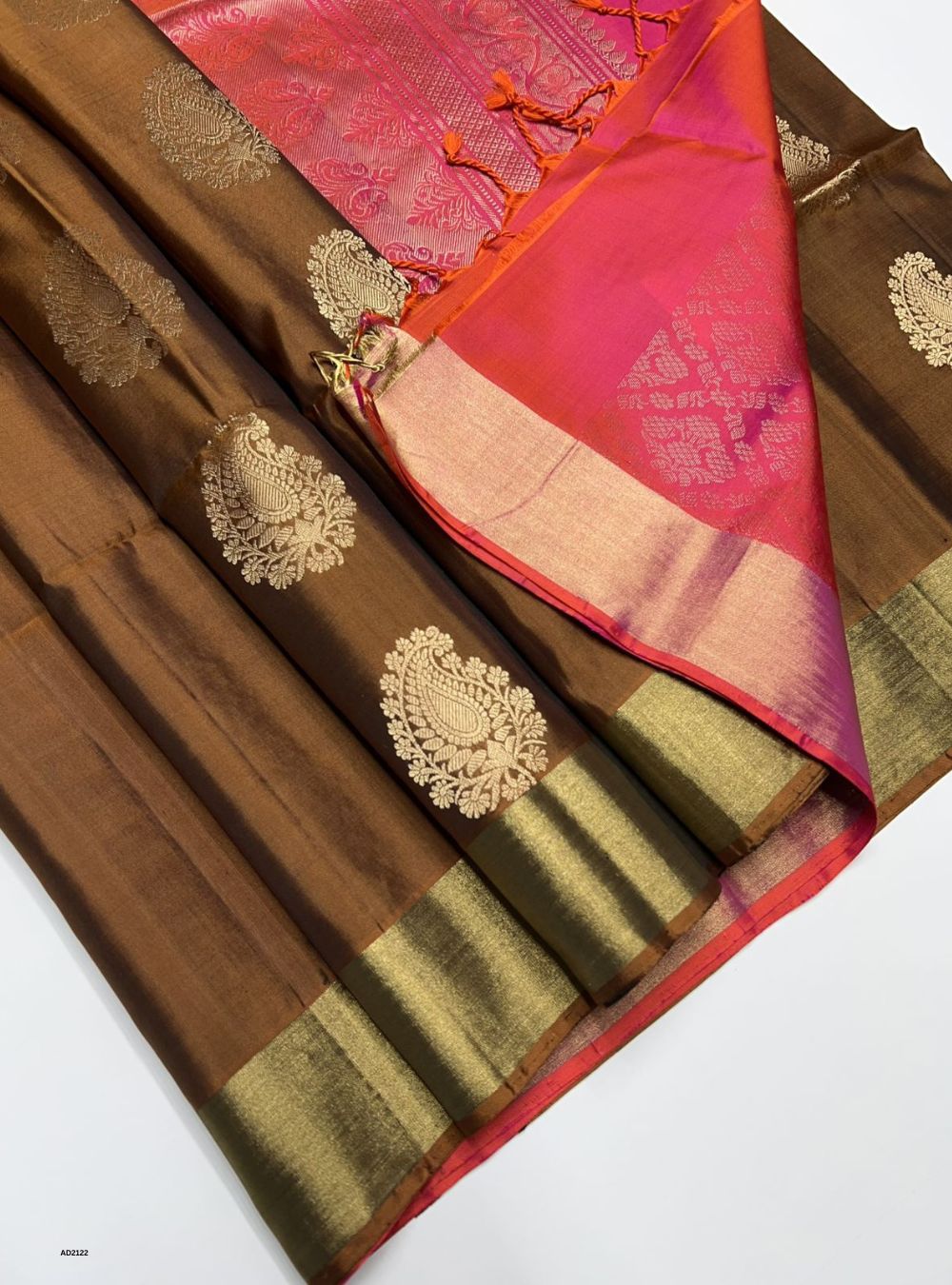 Wooden Brown & Orangish Pink - Soft Silk Saree