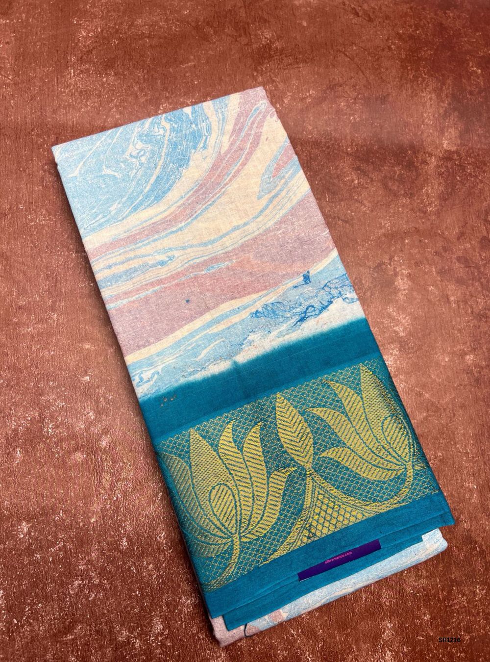 White & Rama Blue - Marble Print Chungudi Cotton