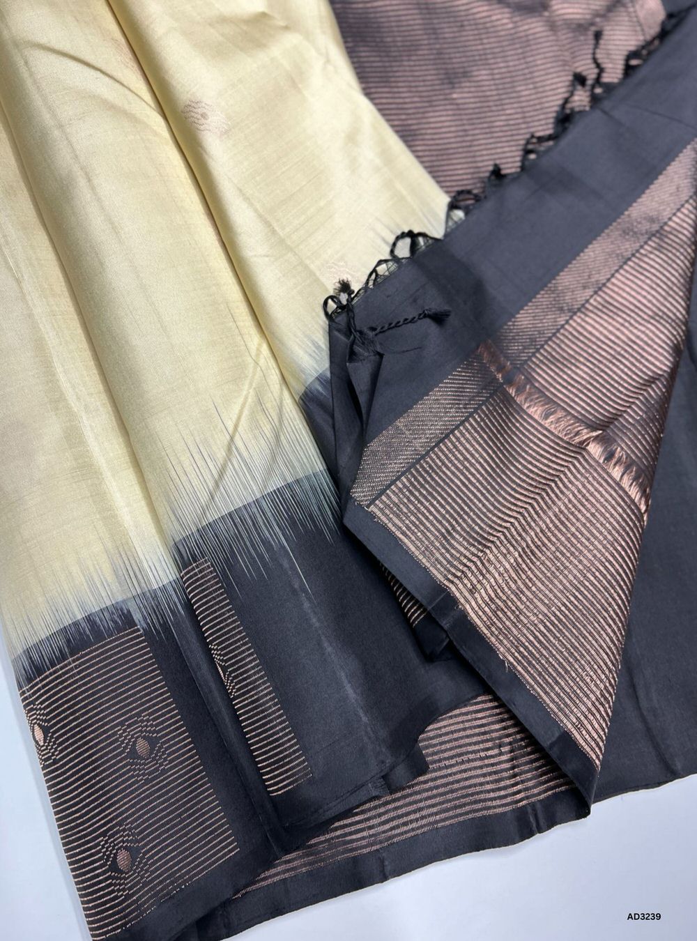 Cream & Black - Soft Silk Saree