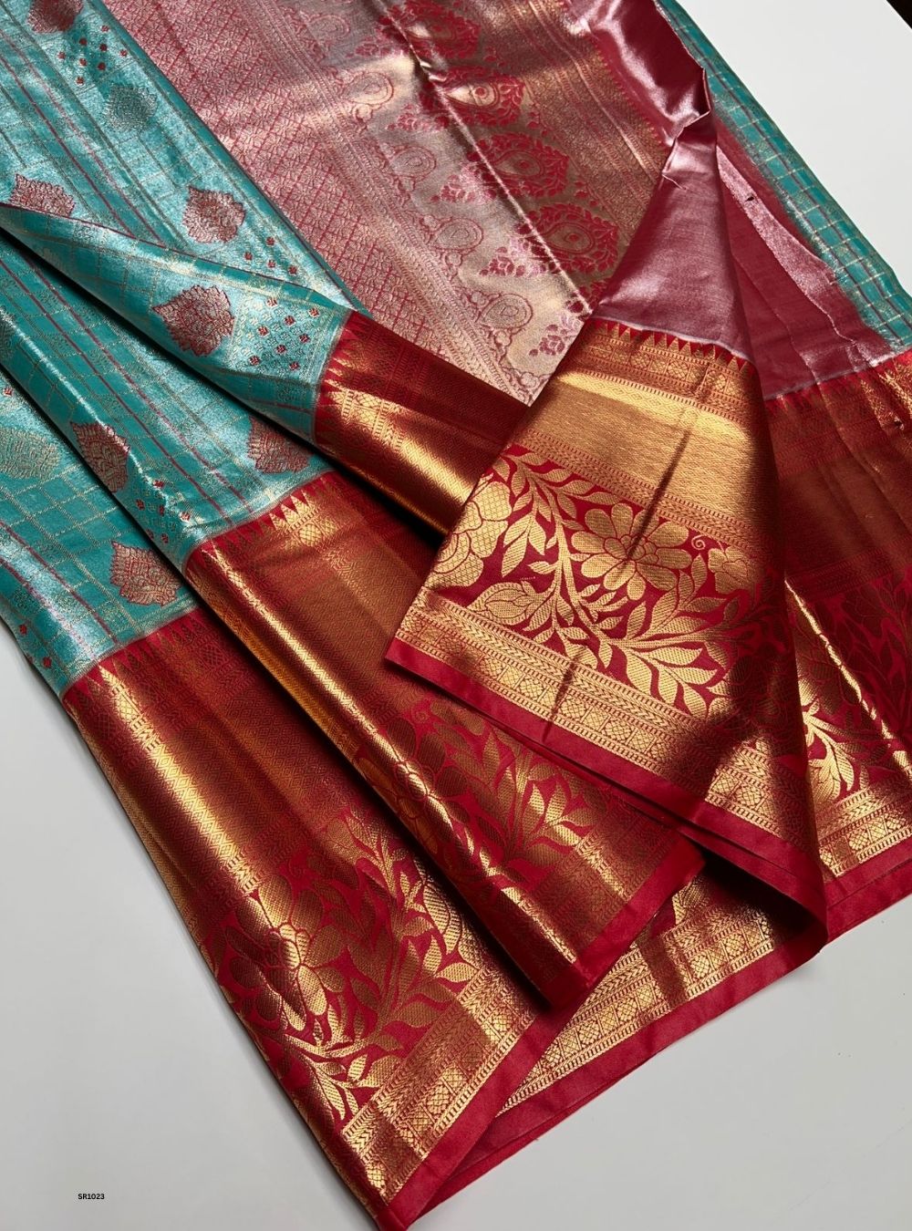 Teal & Red - Semi Kanjeevaram Saree