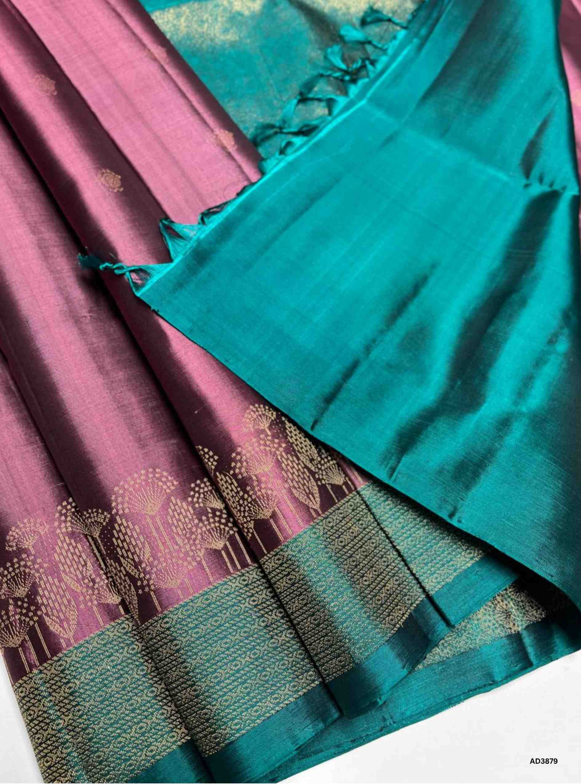 Grape & Rama Green - One Side Fancy Border Soft Silk Saree