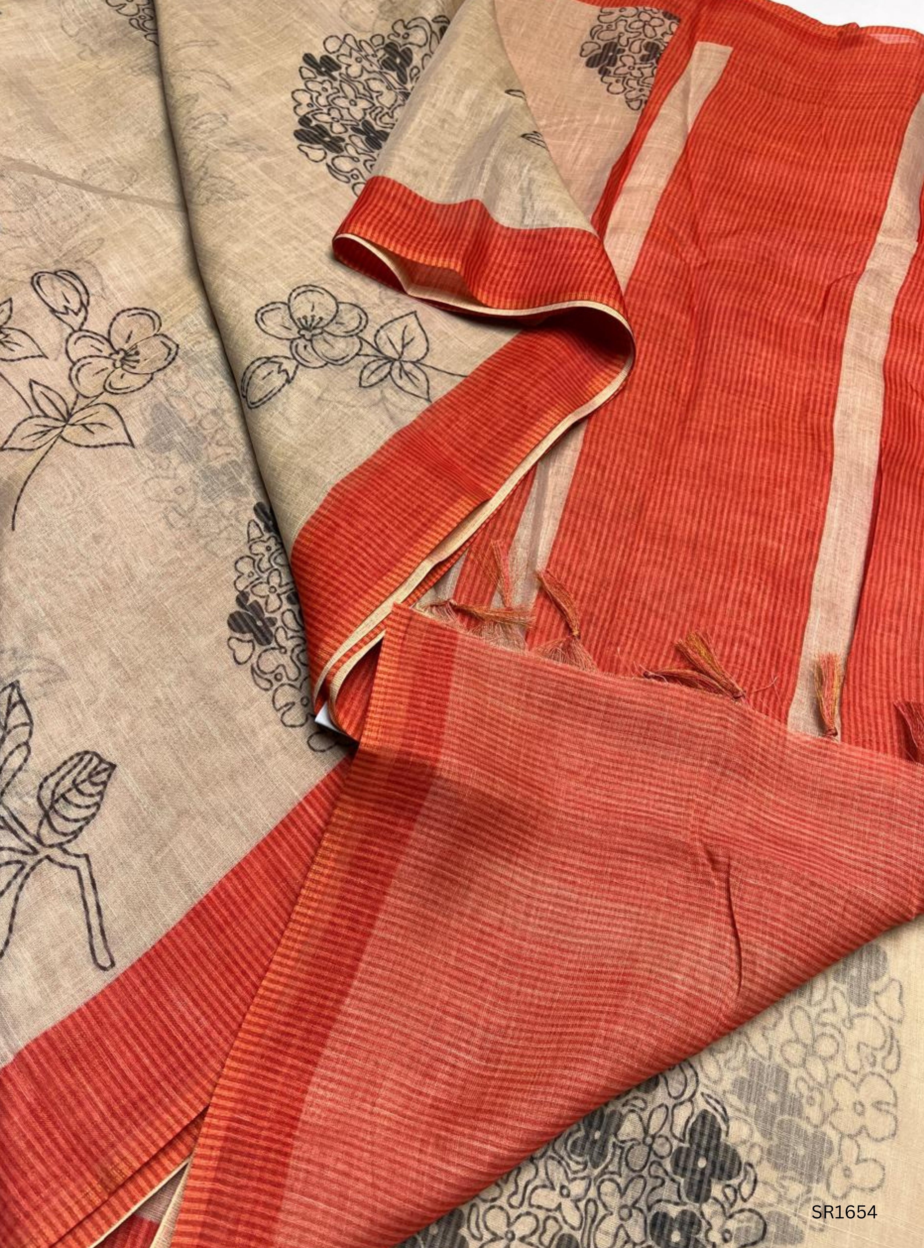 Cream & Orange - Linen Saree