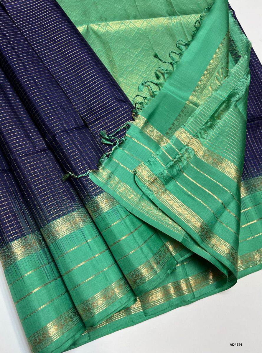 Navy Blue & Mint Green - Checkered Retta Pet Saree