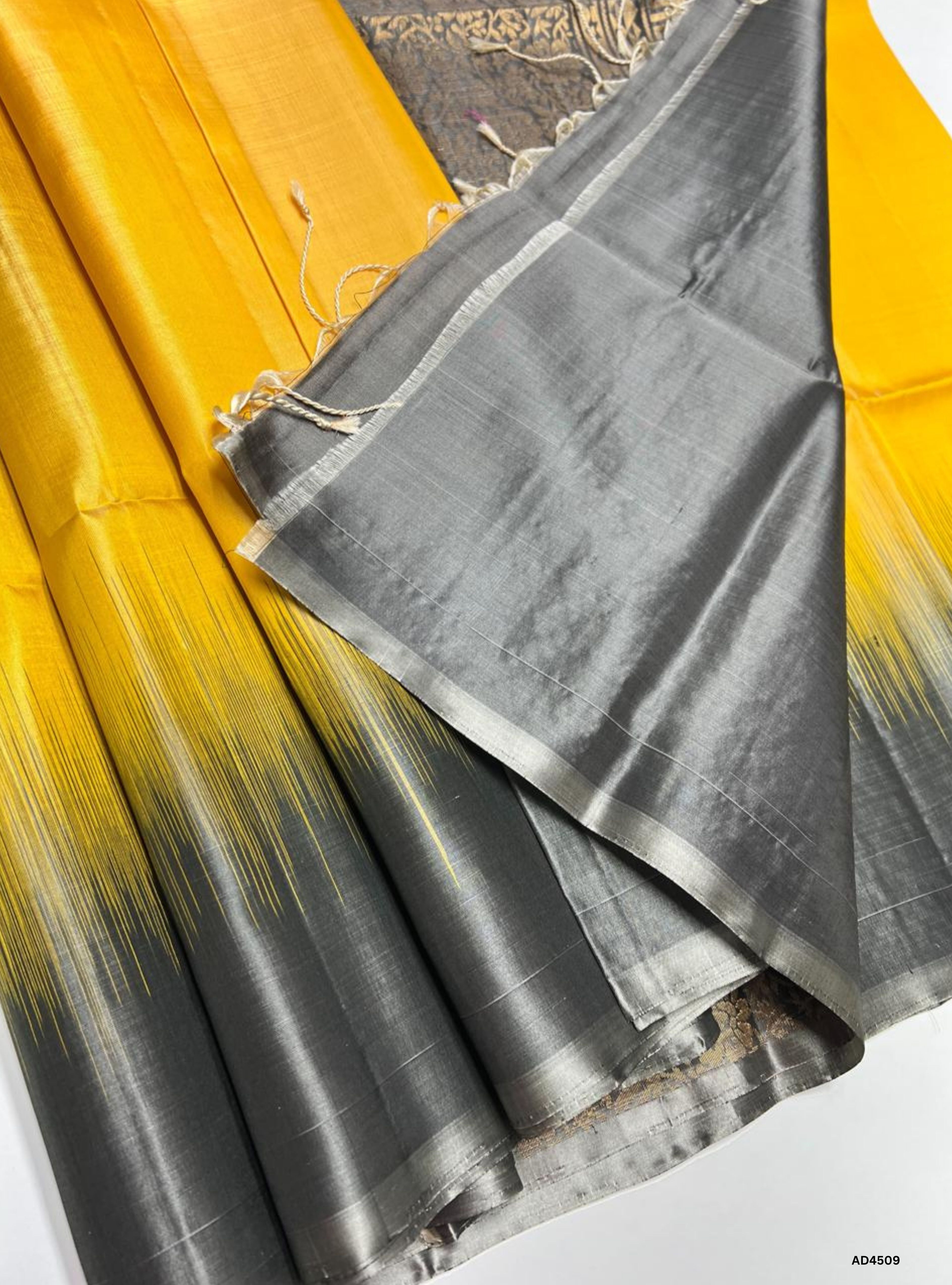 Yellow & Grey - Contrast Plain Soft Silk Saree