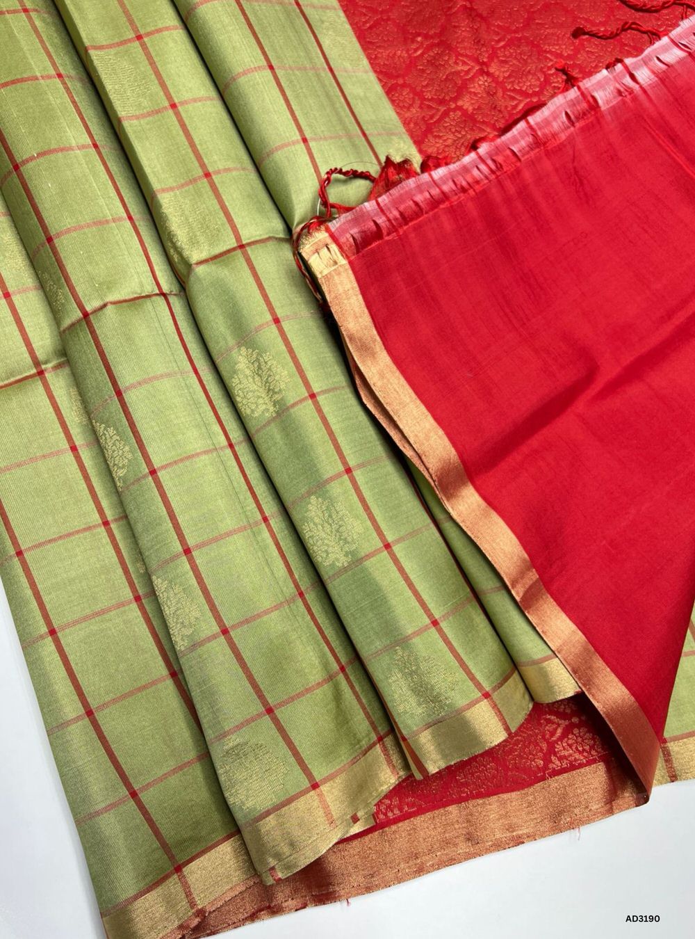 Sage Green & Red - Soft Silk Saree