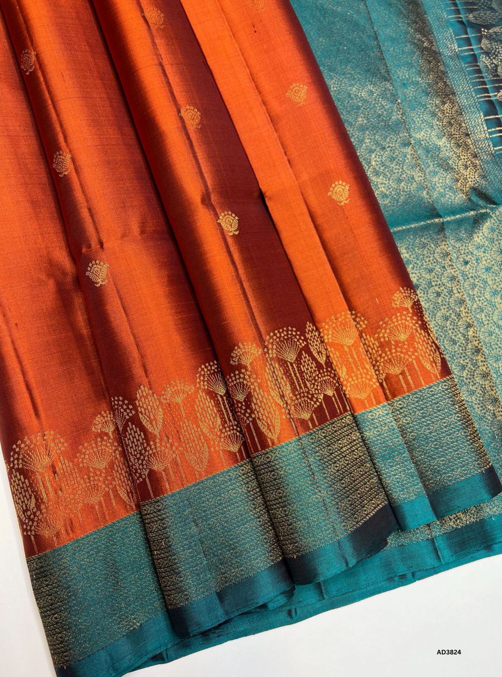 Rust Orange & Rama Green - One Side Border Soft Silk Saree