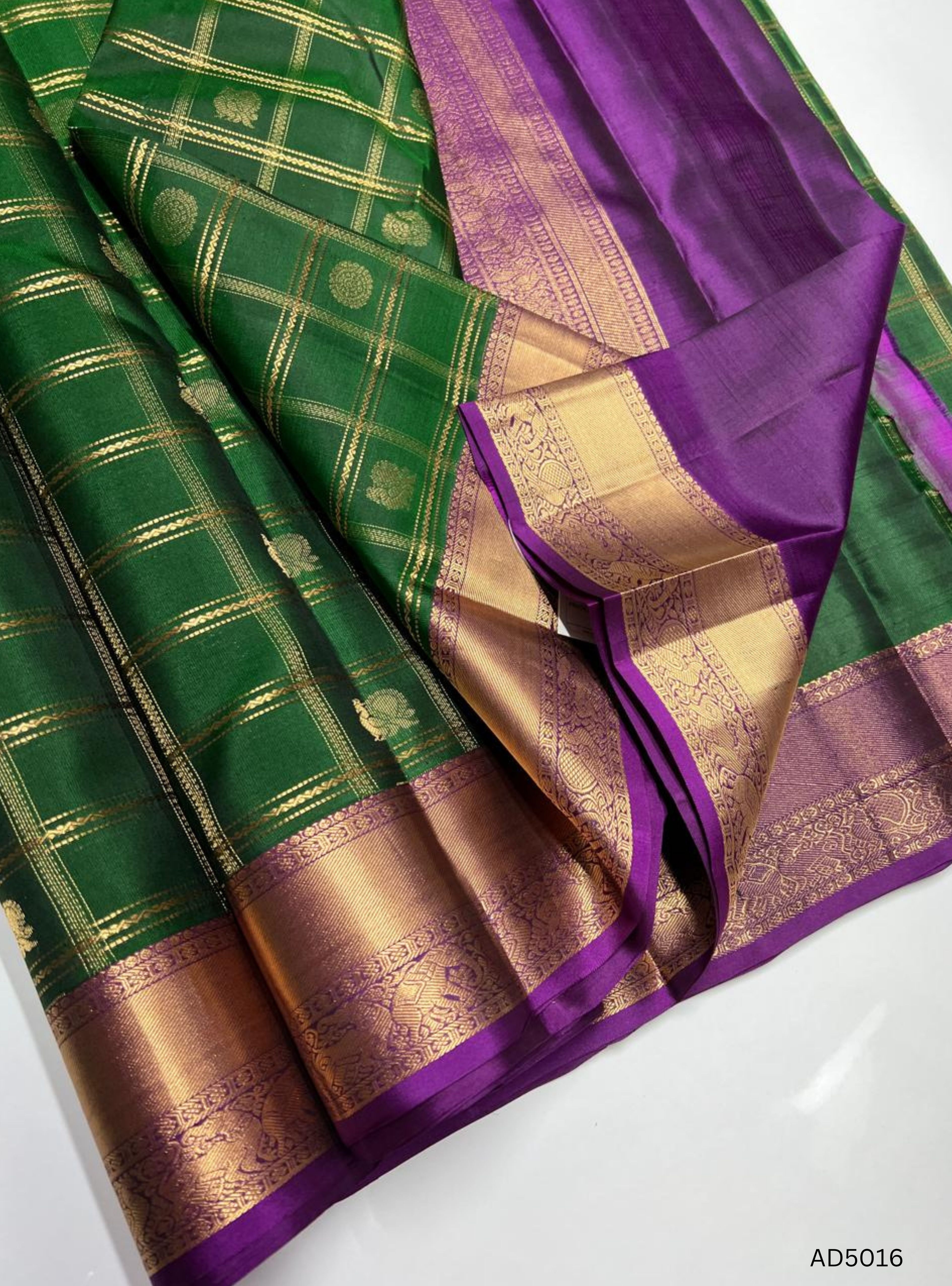 Bottie Green & Purple - Checkerd Retta Pet Border Soft Silk Saree