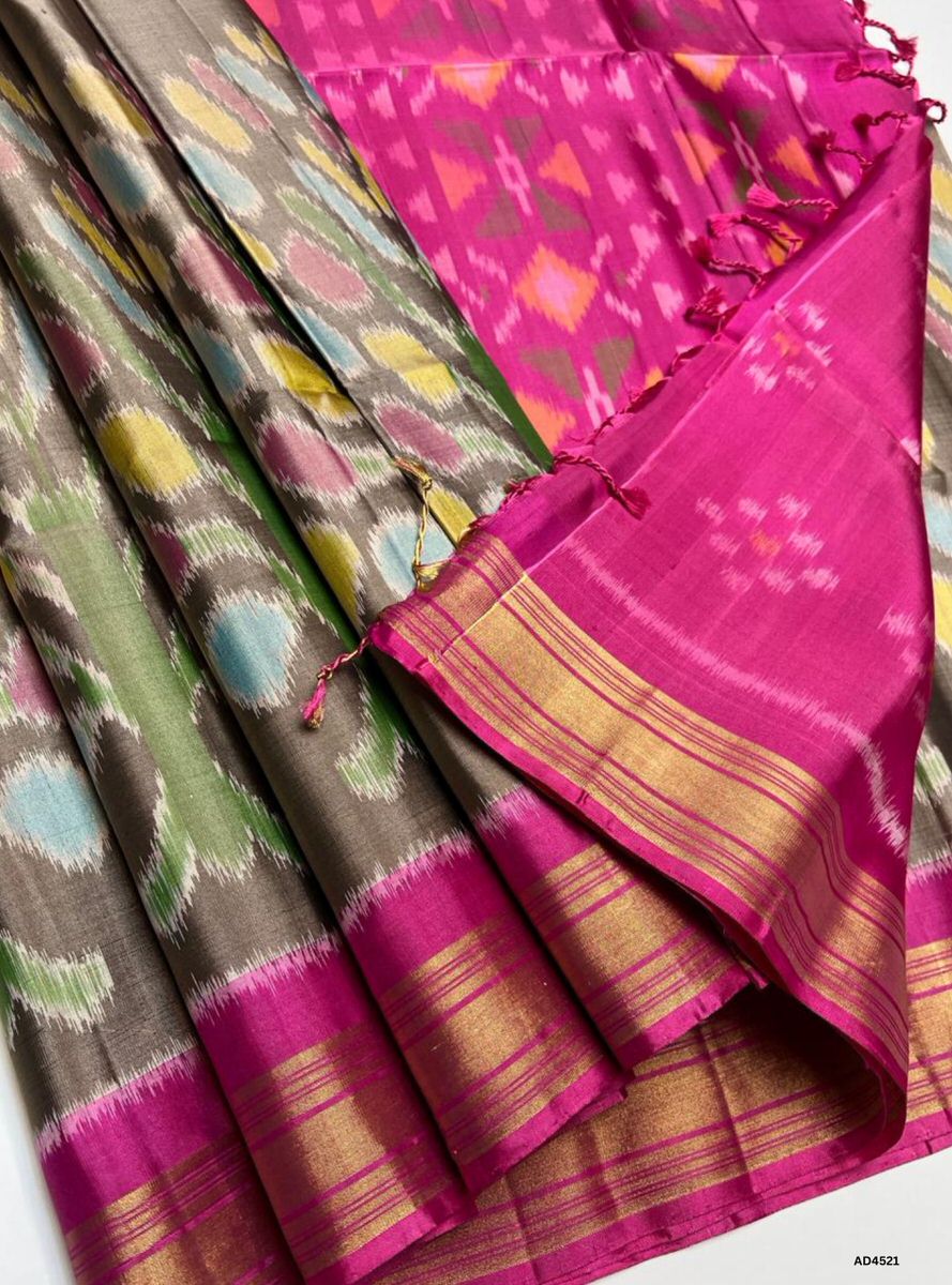 Dark Champagne & Pink - Pochampally Soft Silk saree