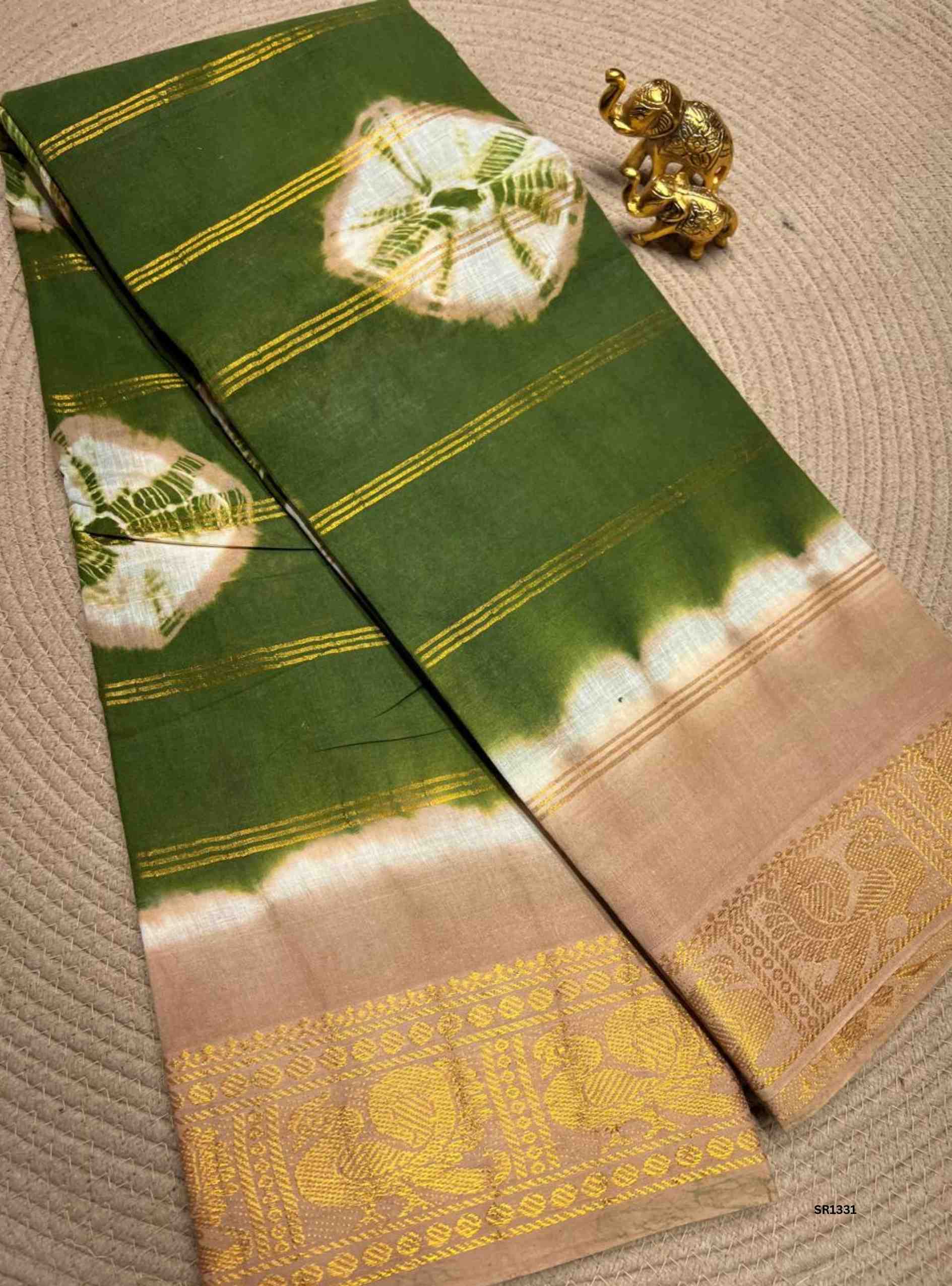 Green & Creme Pink - Velthaari X Bandhini Cotton Saree