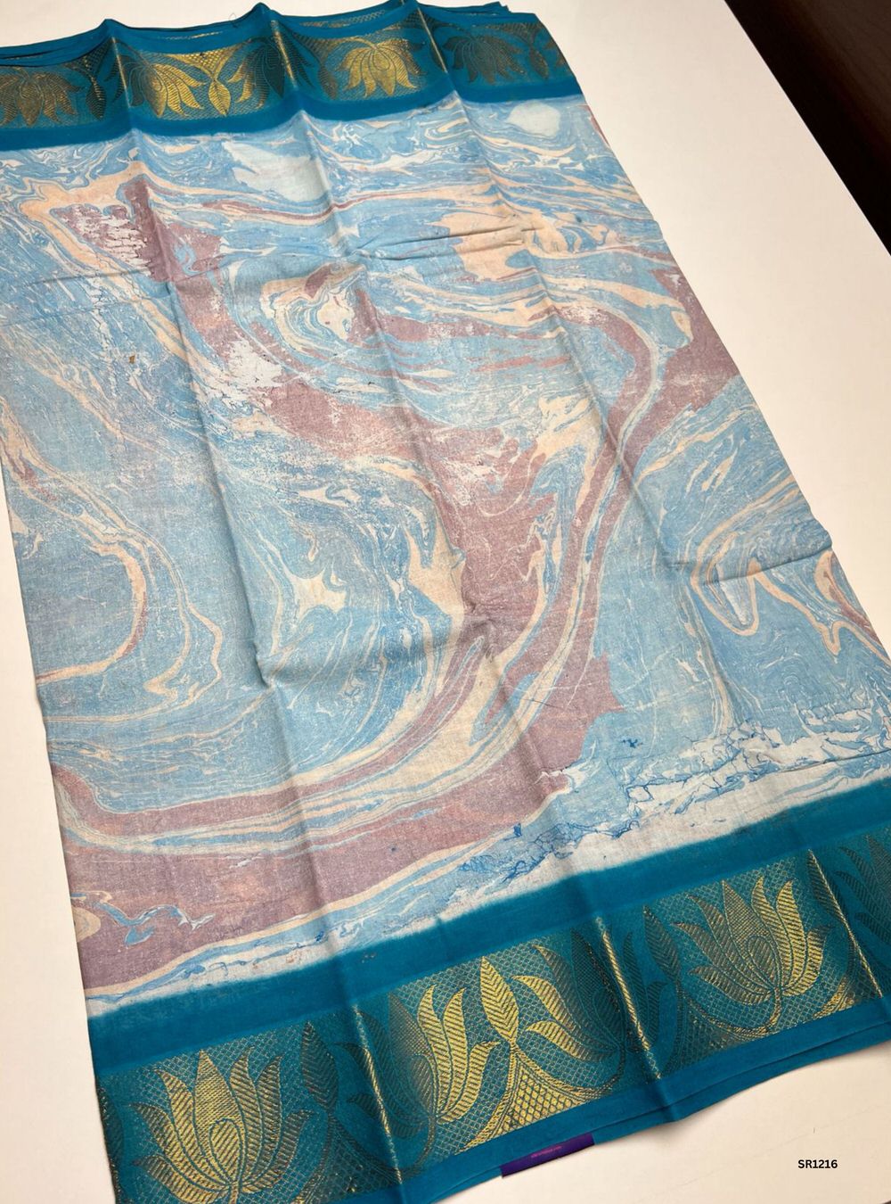 White & Rama Blue - Marble Print Chungudi Cotton