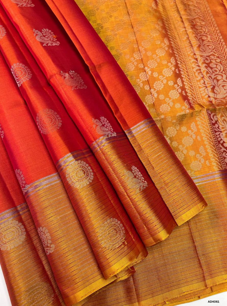 Orangeish pink & Yellow - Soft Silk Saree