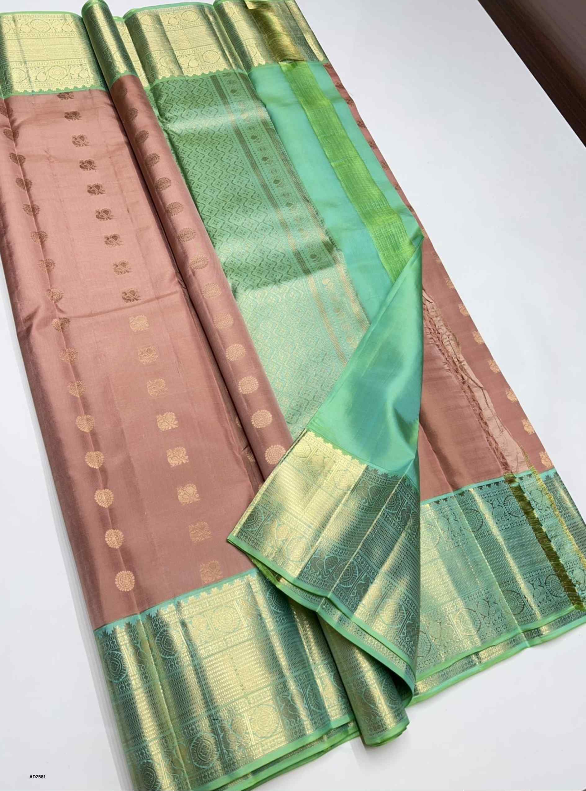 Dusty Peach & Green - Soft Silk Saree