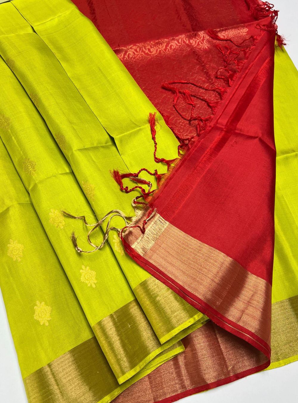 Lime Green & Red - Soft Silk Saree Minor Damage
