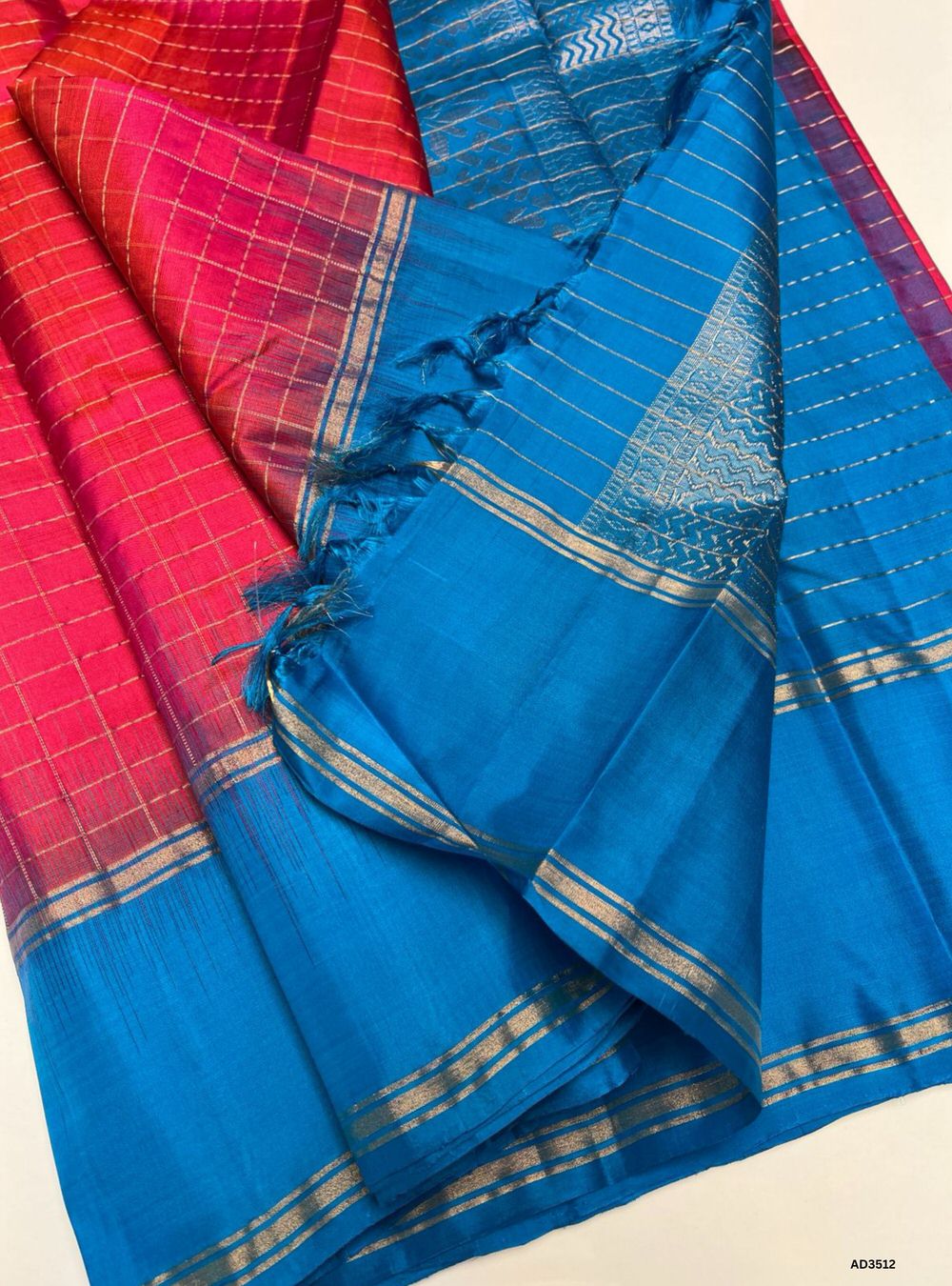 Raddish Red & Sky Blue - Soft Silk Saree