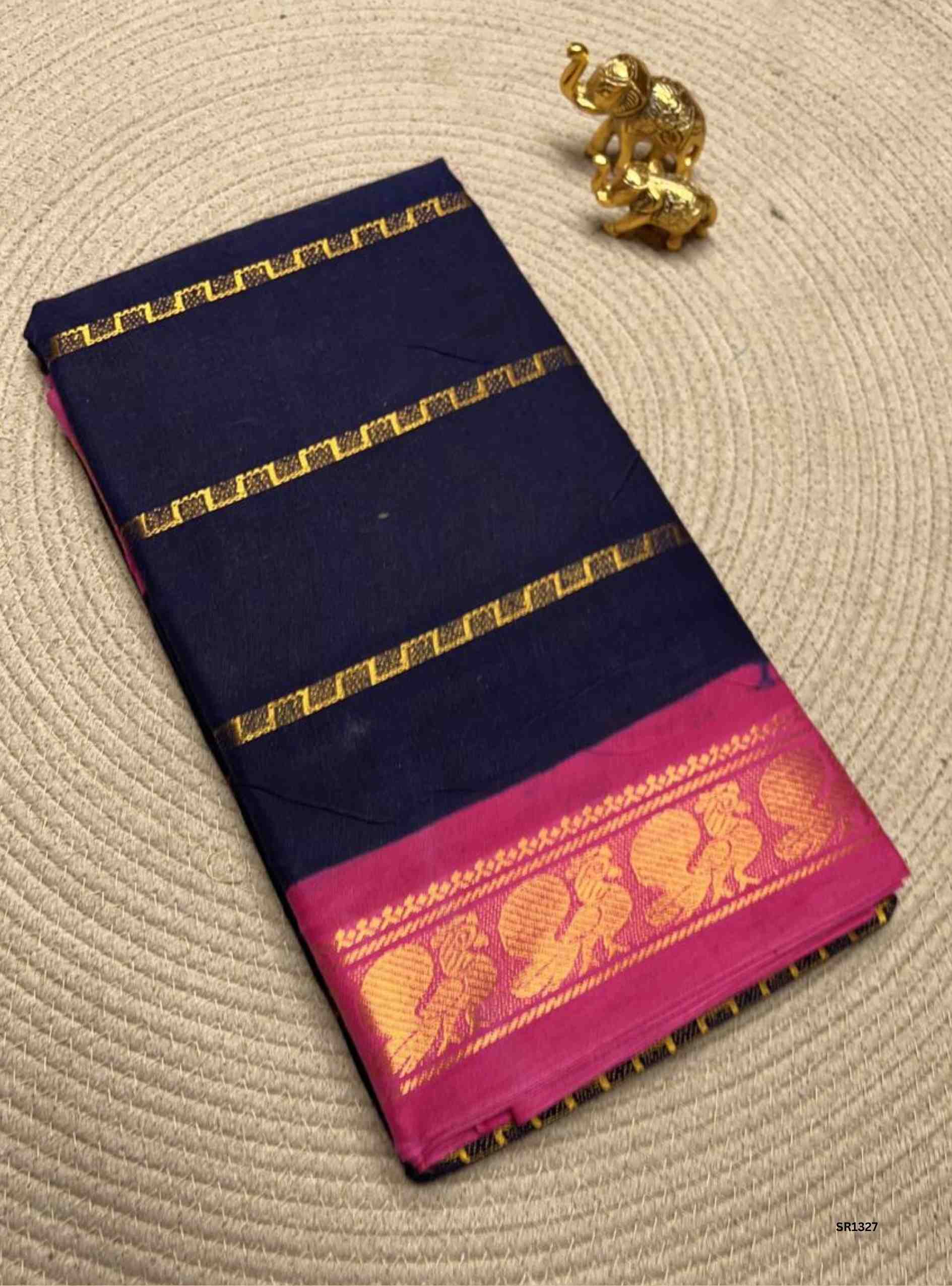 Navy Blue & Pink - Velthaari Chungudi Cotton Saree