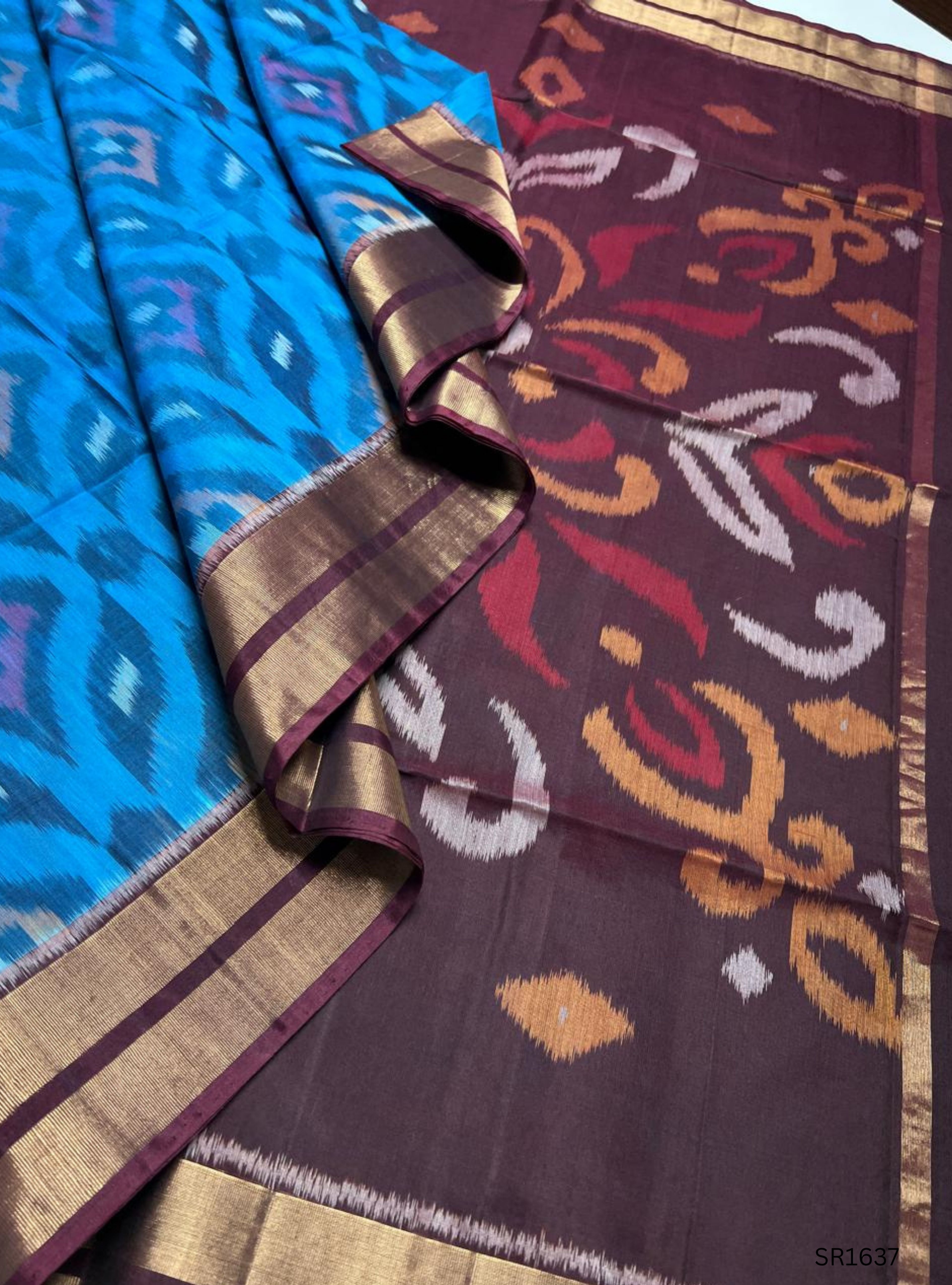 Blue , Black & Wine - Ikkat Kora Cotton Saree