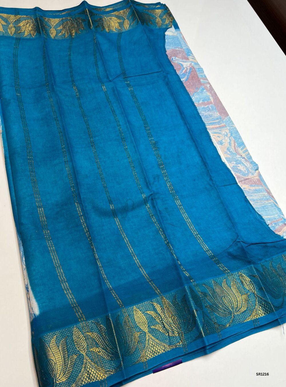 White & Rama Blue - Marble Print Chungudi Cotton