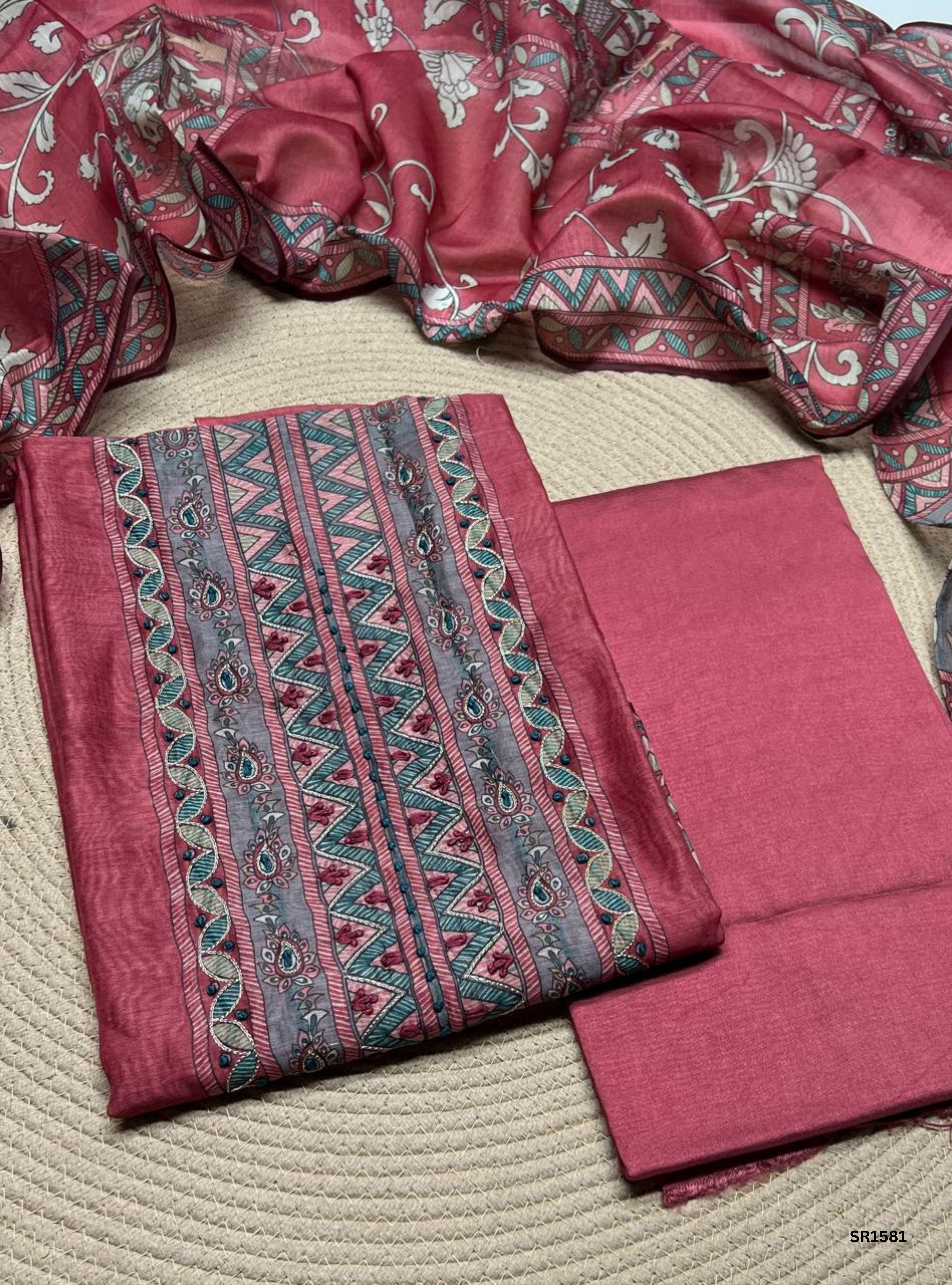 Pink - Chanderi Unstiched Suit 3 Pc Set