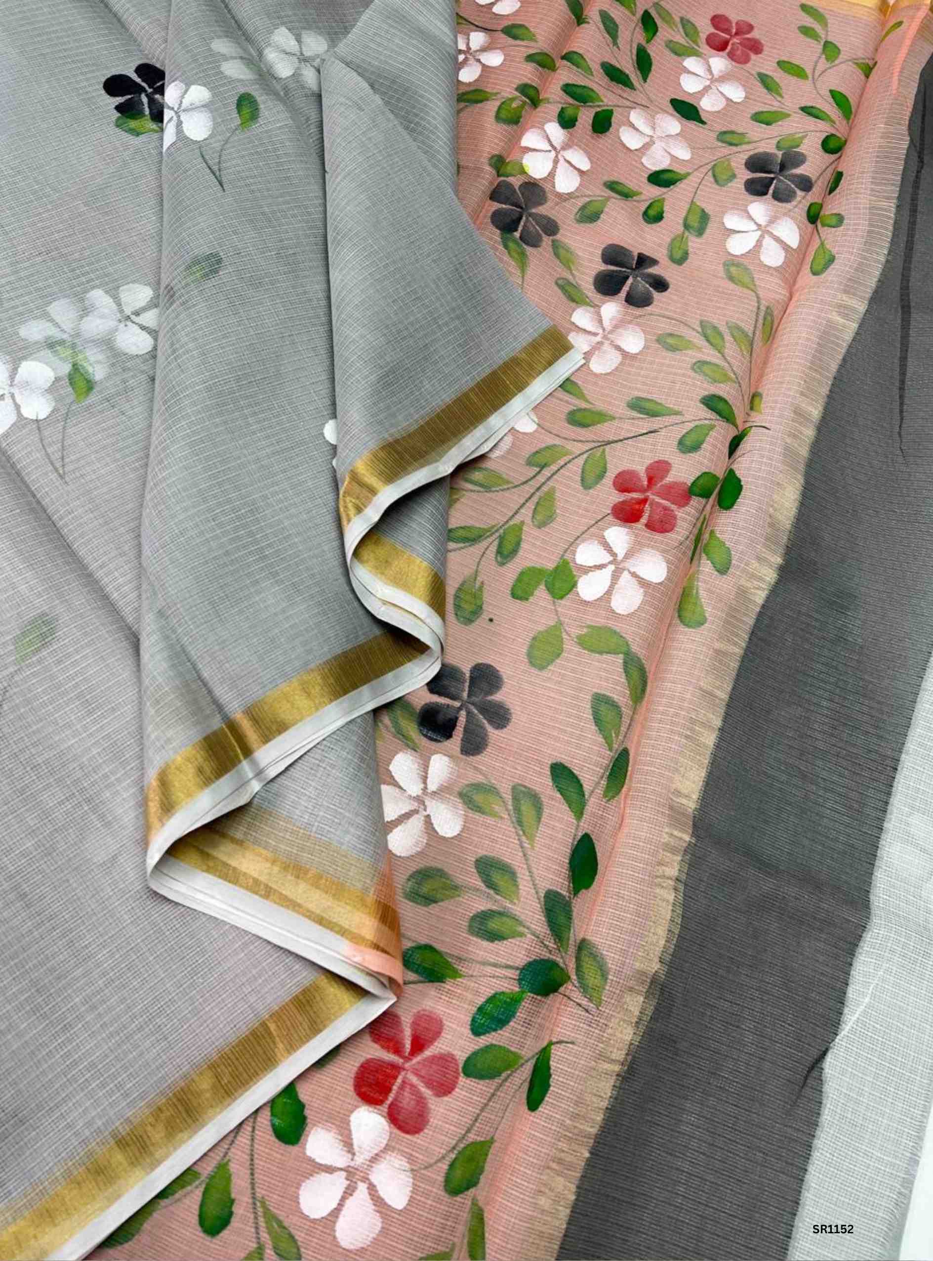 Grey - HandPainted Pure Kota Cotton Saree