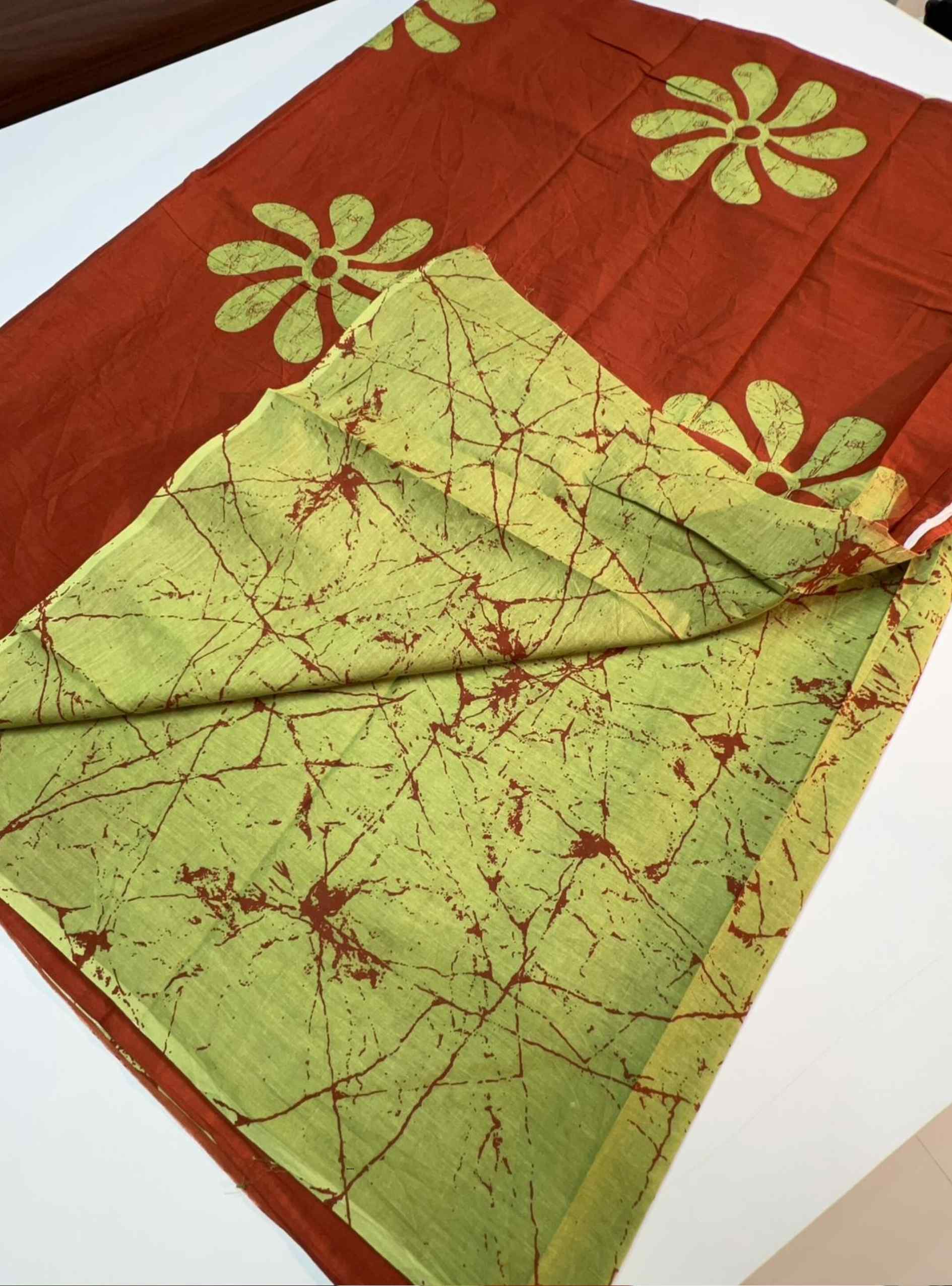 Burnt Orange & Green - Mul Cotton Saree