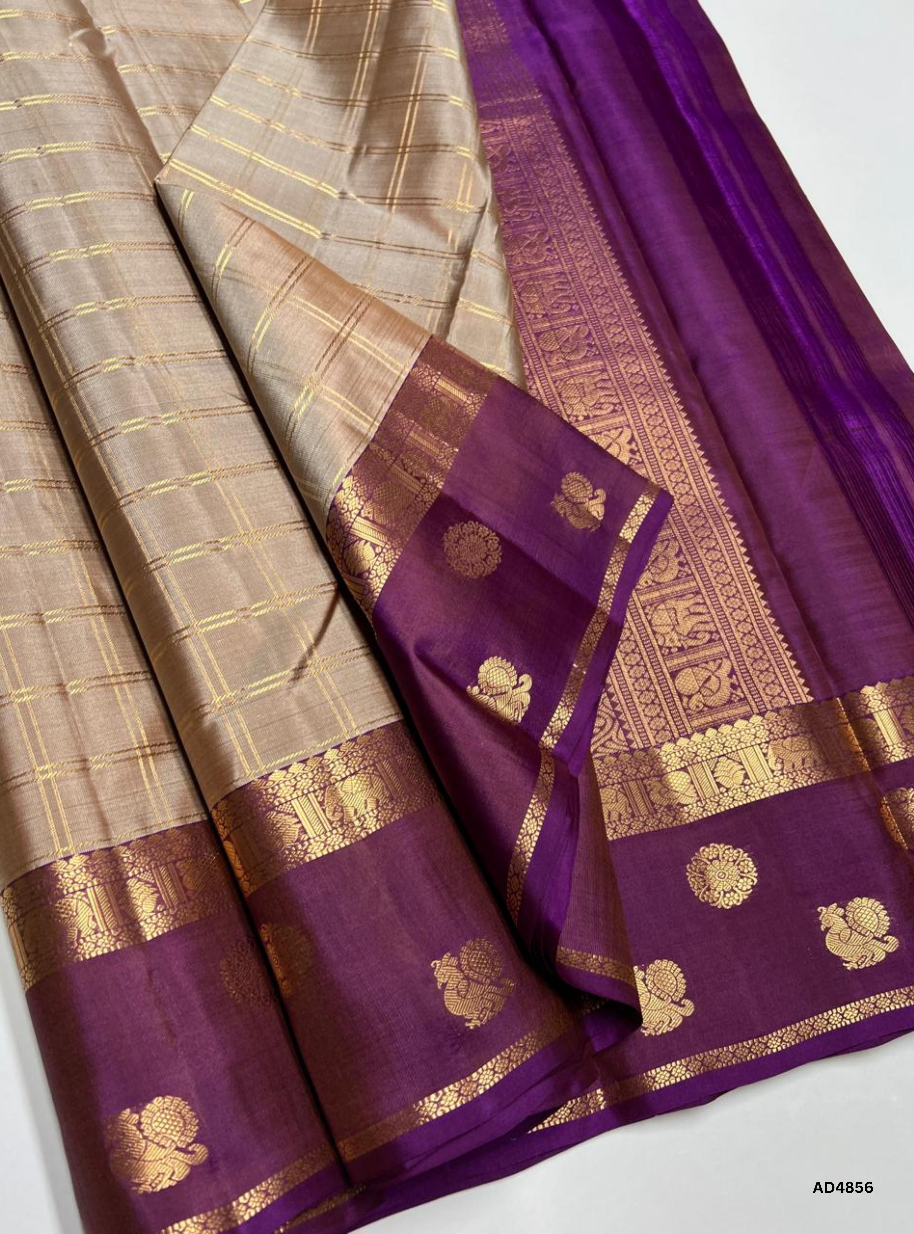 Beige & Pink - Checkerd Retta Pet Border Soft Silk Saree
