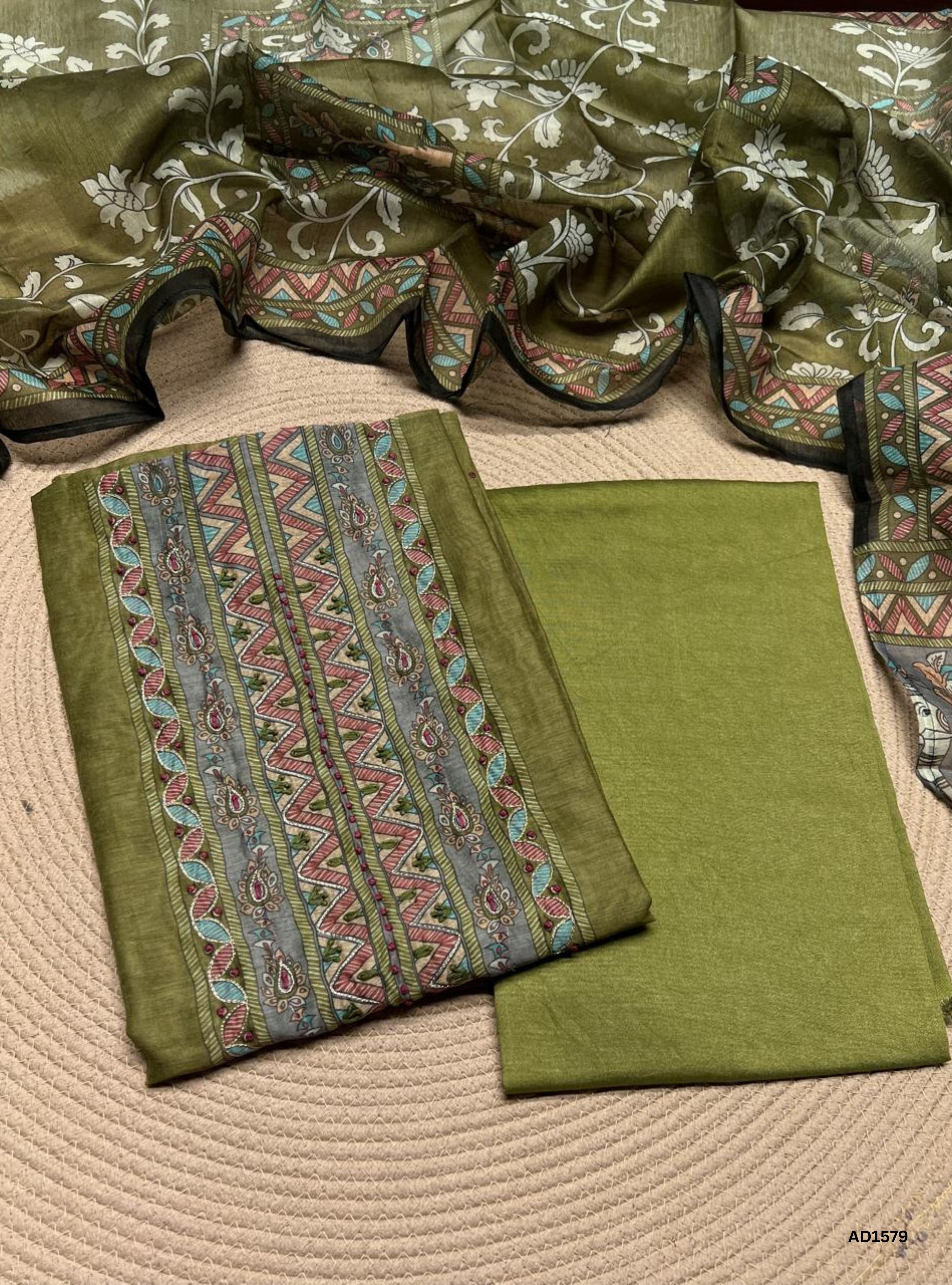 Green - Chanderi Unstiched Suit 3 Pc Set