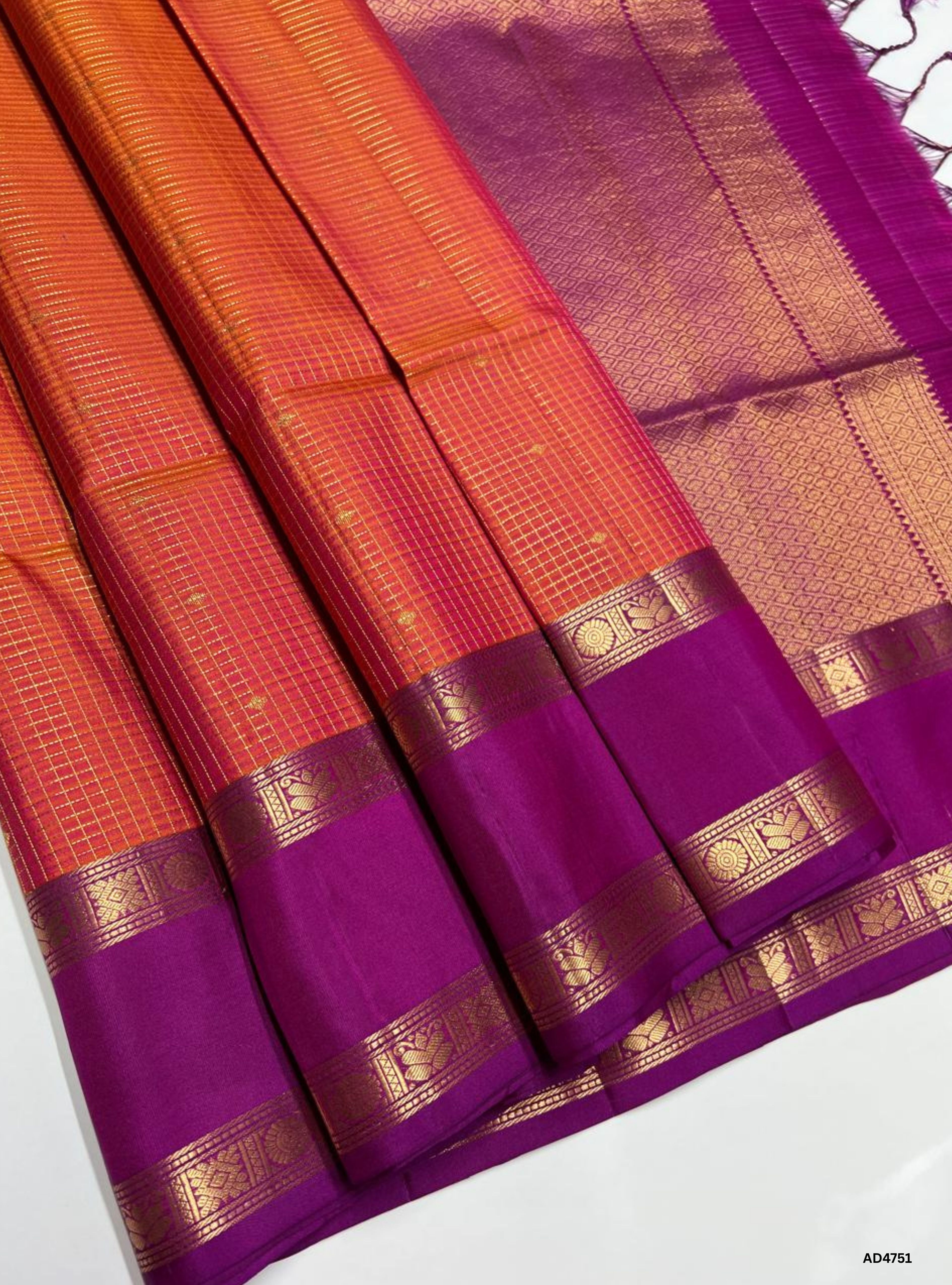 Dual Tone Orange & Purple - Checkerd Retta Pet Soft Silk Saree