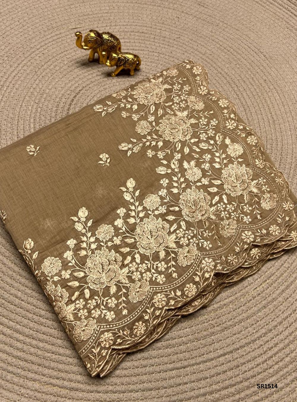 Peanut Brown - Mul chanderi Thread Embroided Saree