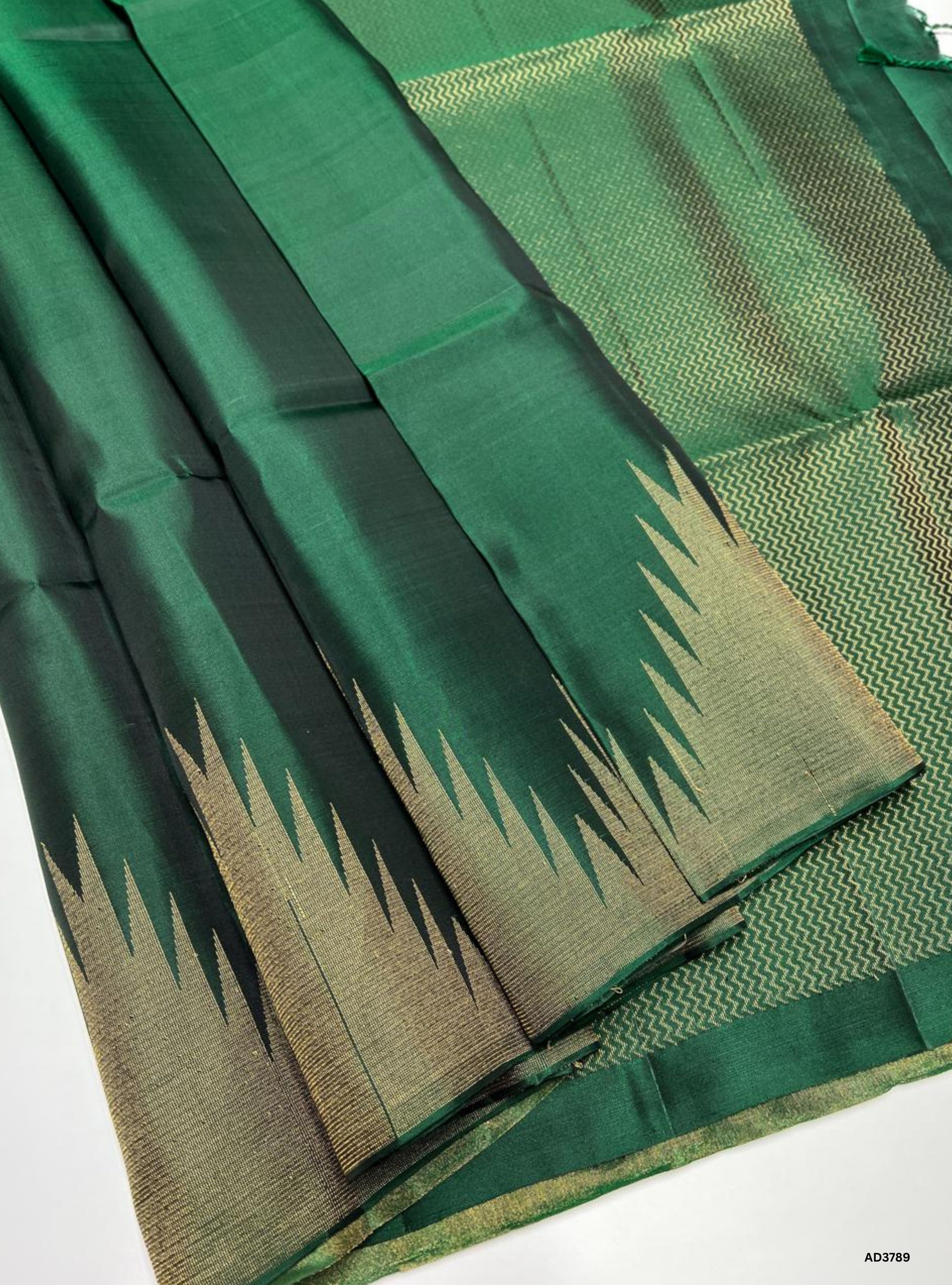 Dark Green - Temple Border Soft Silk Saree