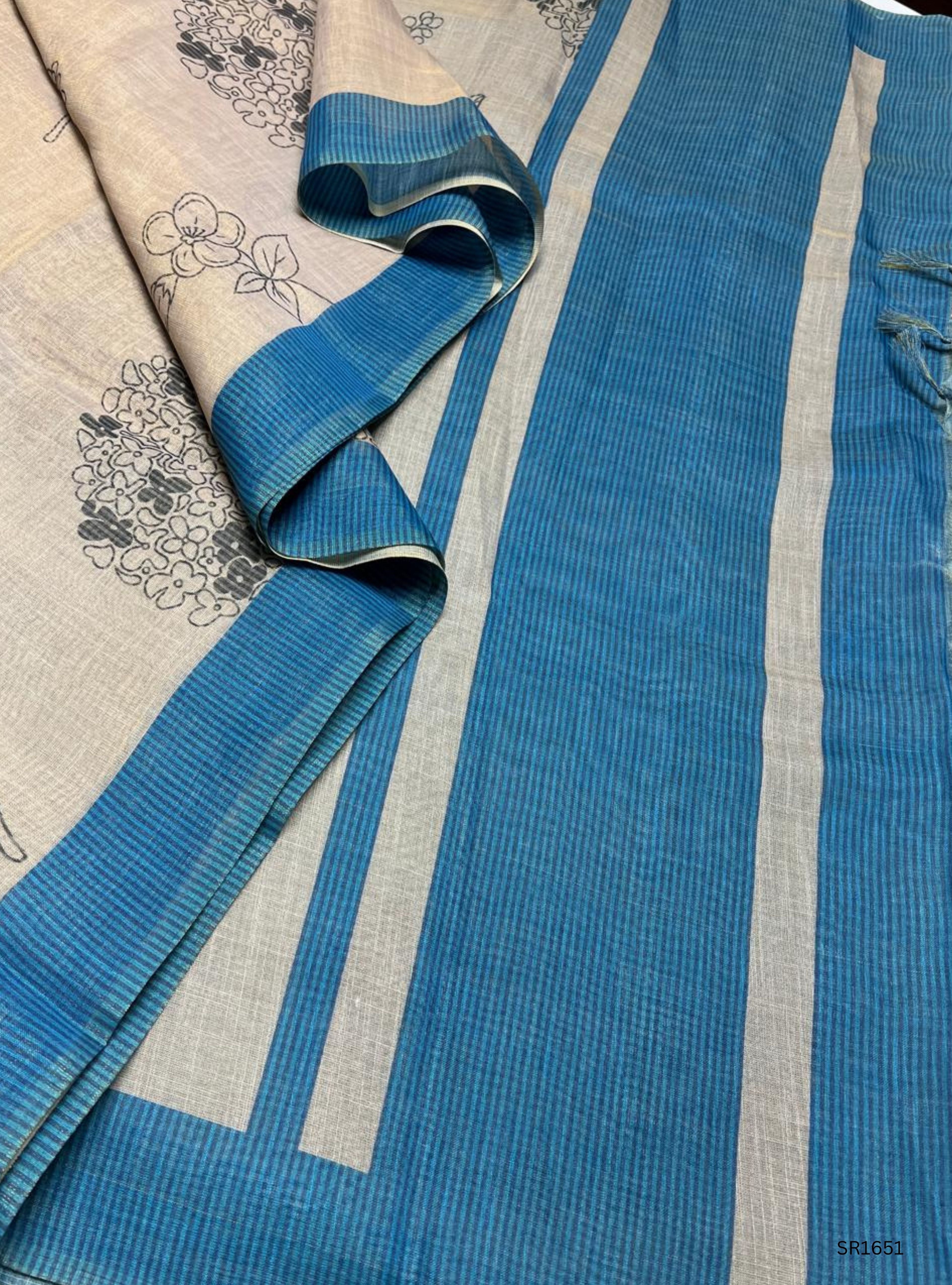 Cream & Blue - Linen Saree