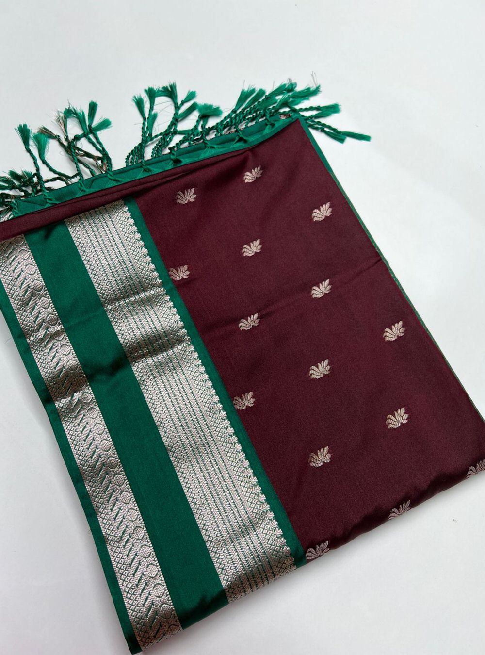 Dark Brown & Green - Semi Silk Saree