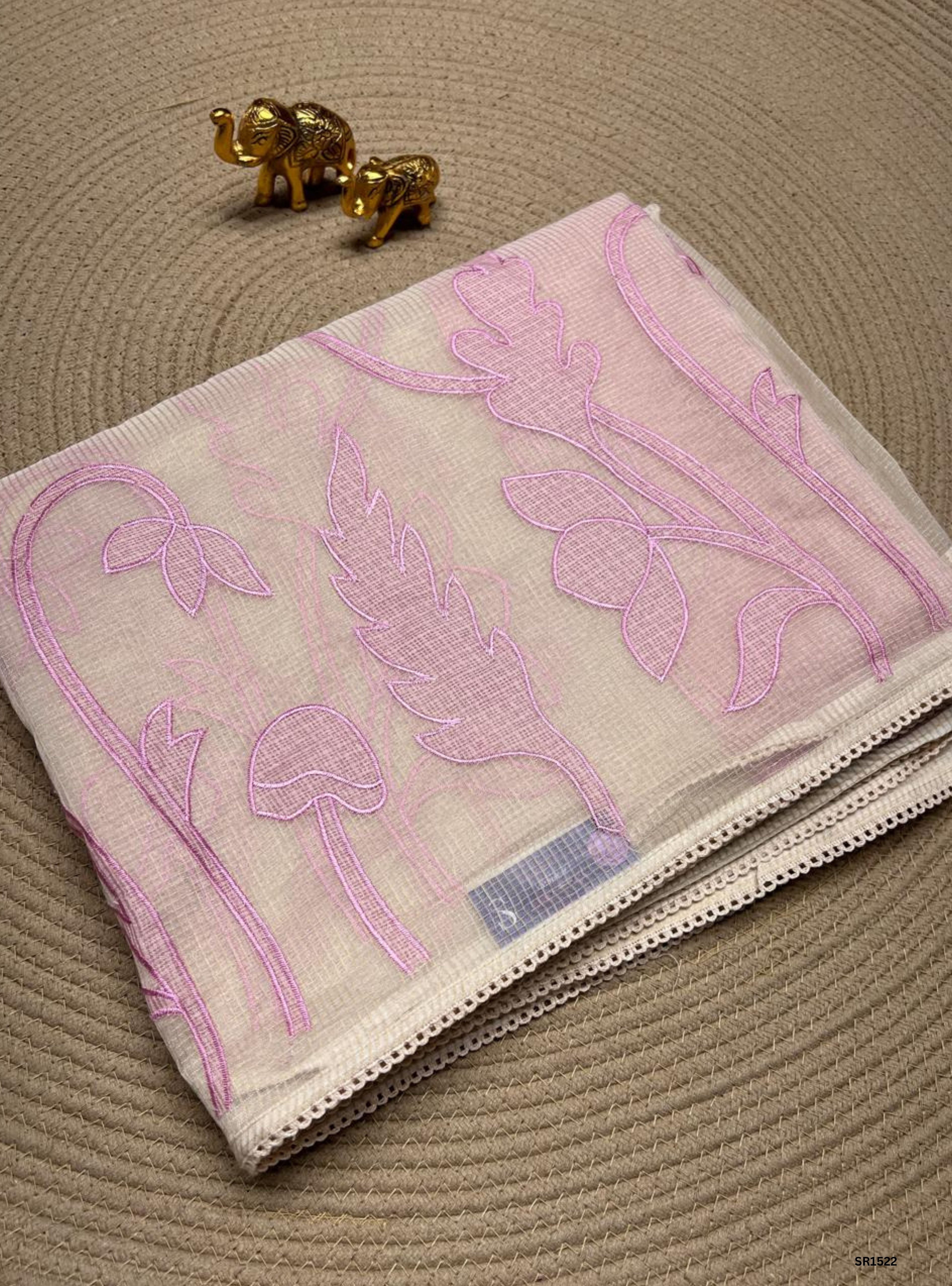 Half White & Pink - Kota Applique Work Saree