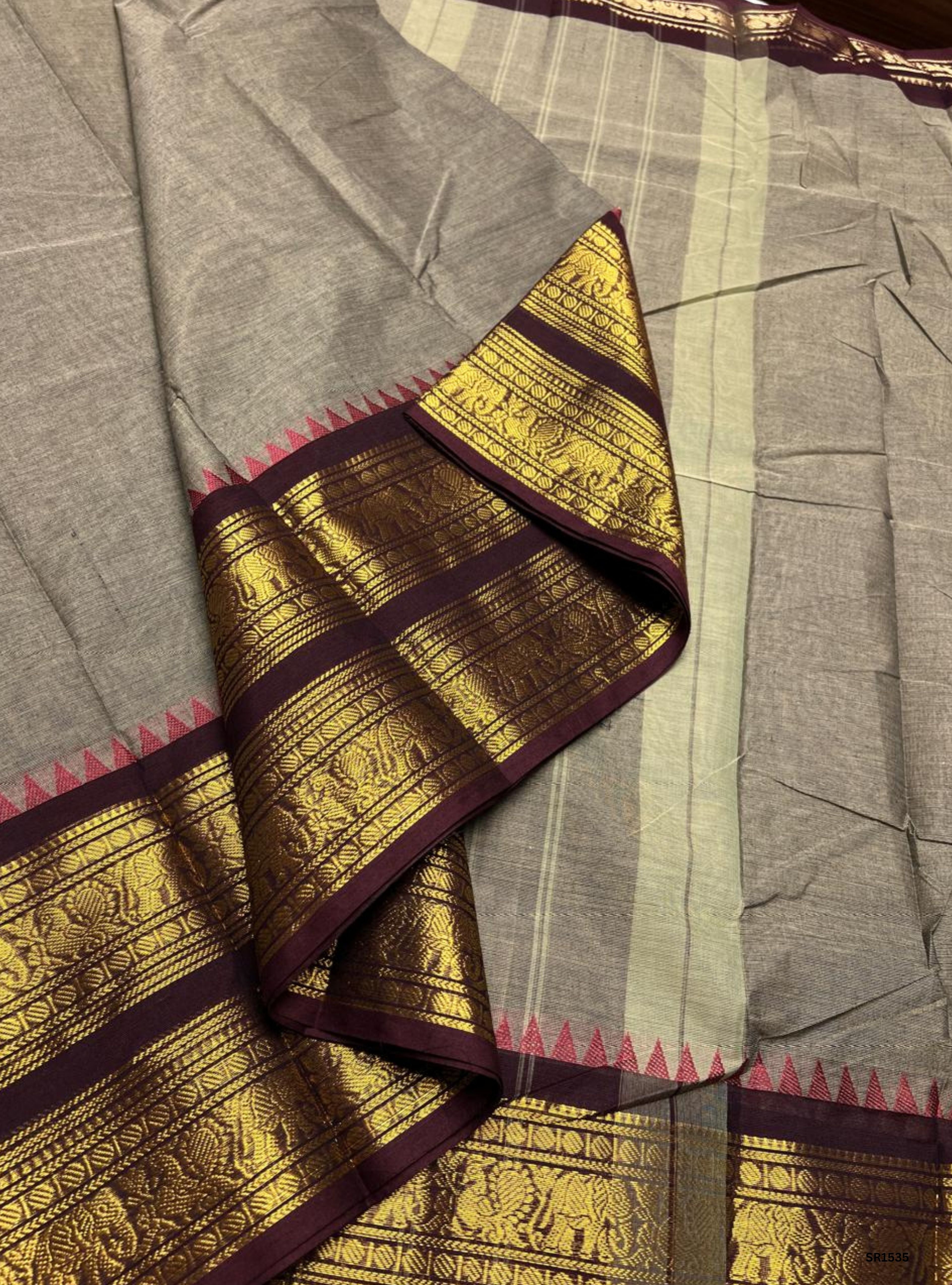 Grey & Maroon - Kanchi Cotton Saree