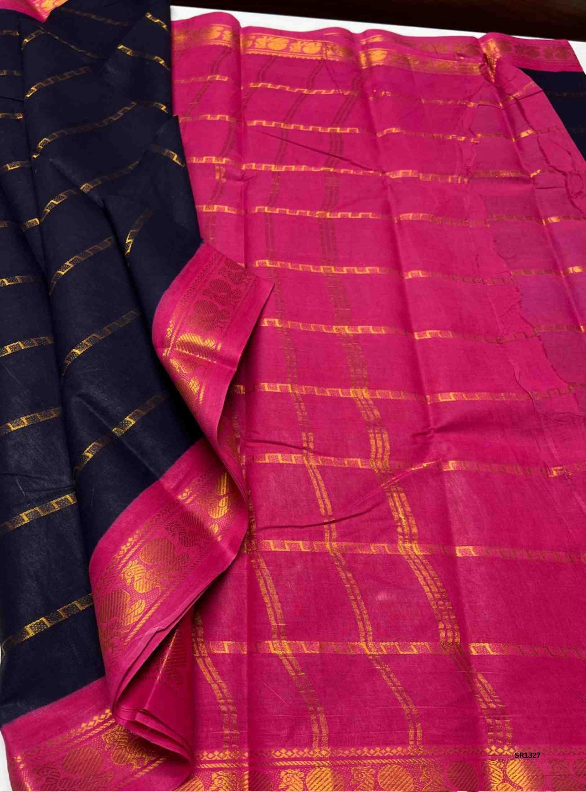Navy Blue & Pink - Velthaari Chungudi Cotton Saree