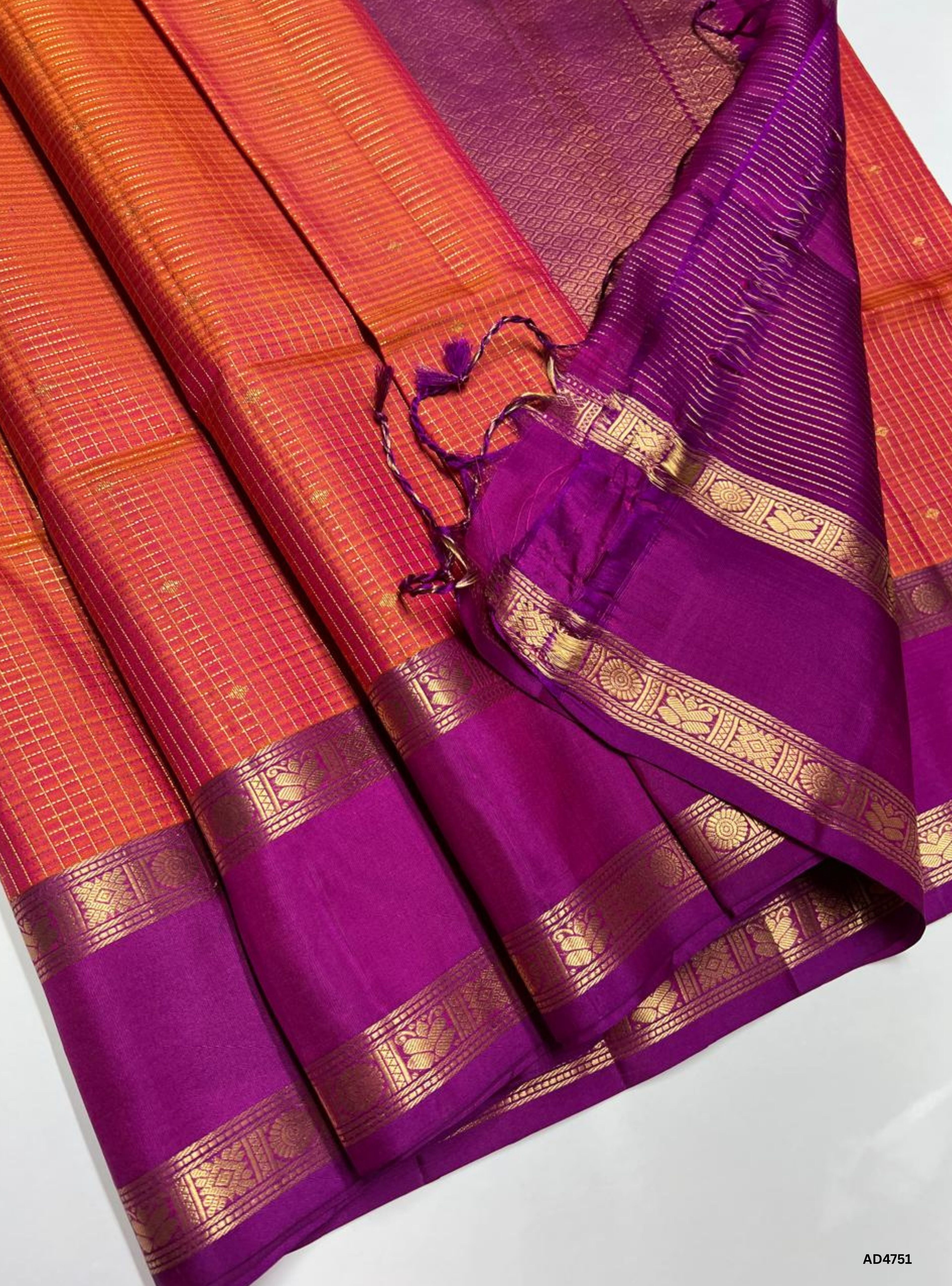 Dual Tone Orange & Purple - Checkerd Retta Pet Soft Silk Saree