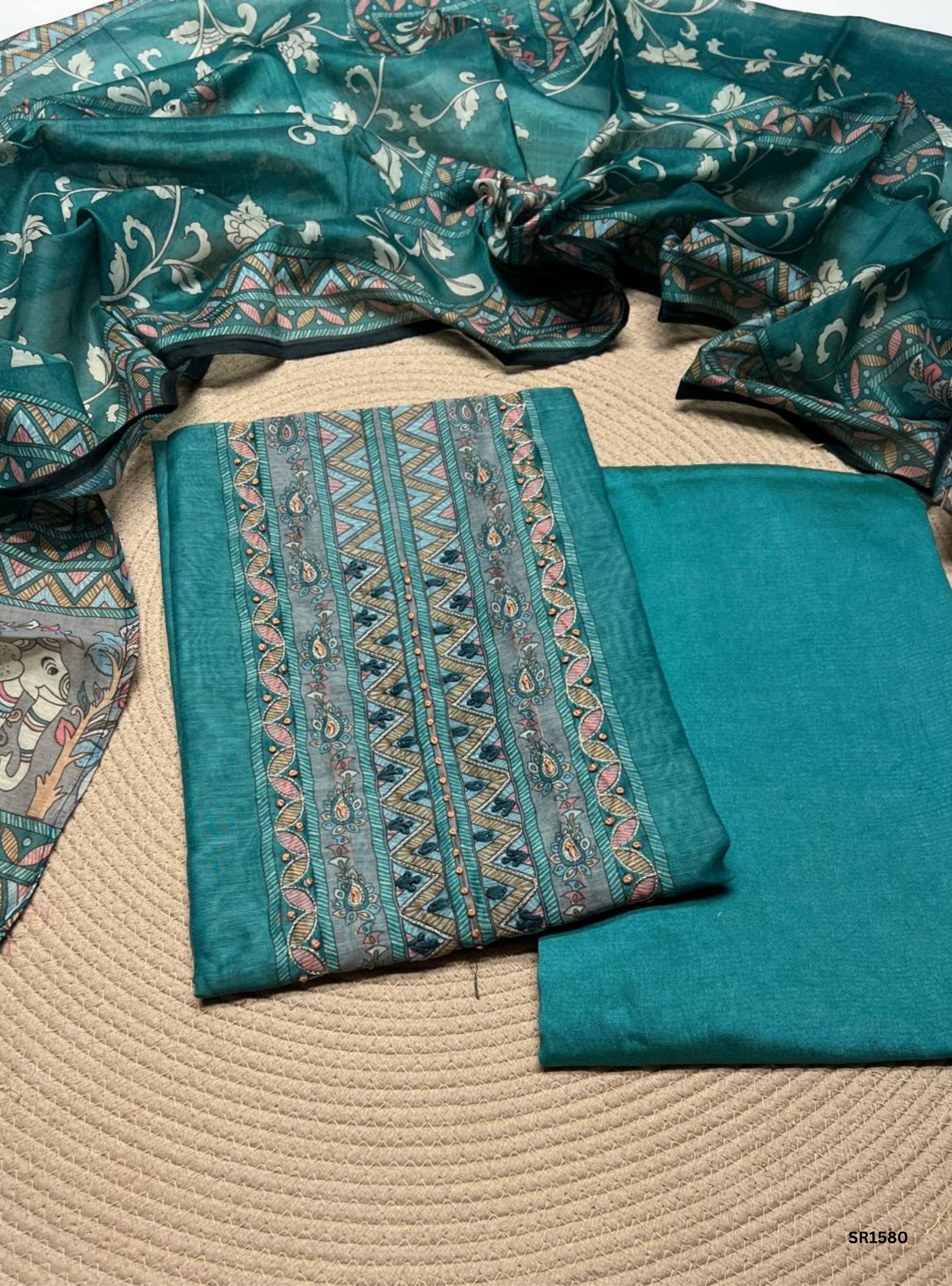 Blue - Chanderi Unstiched Suit 3 Pc Set