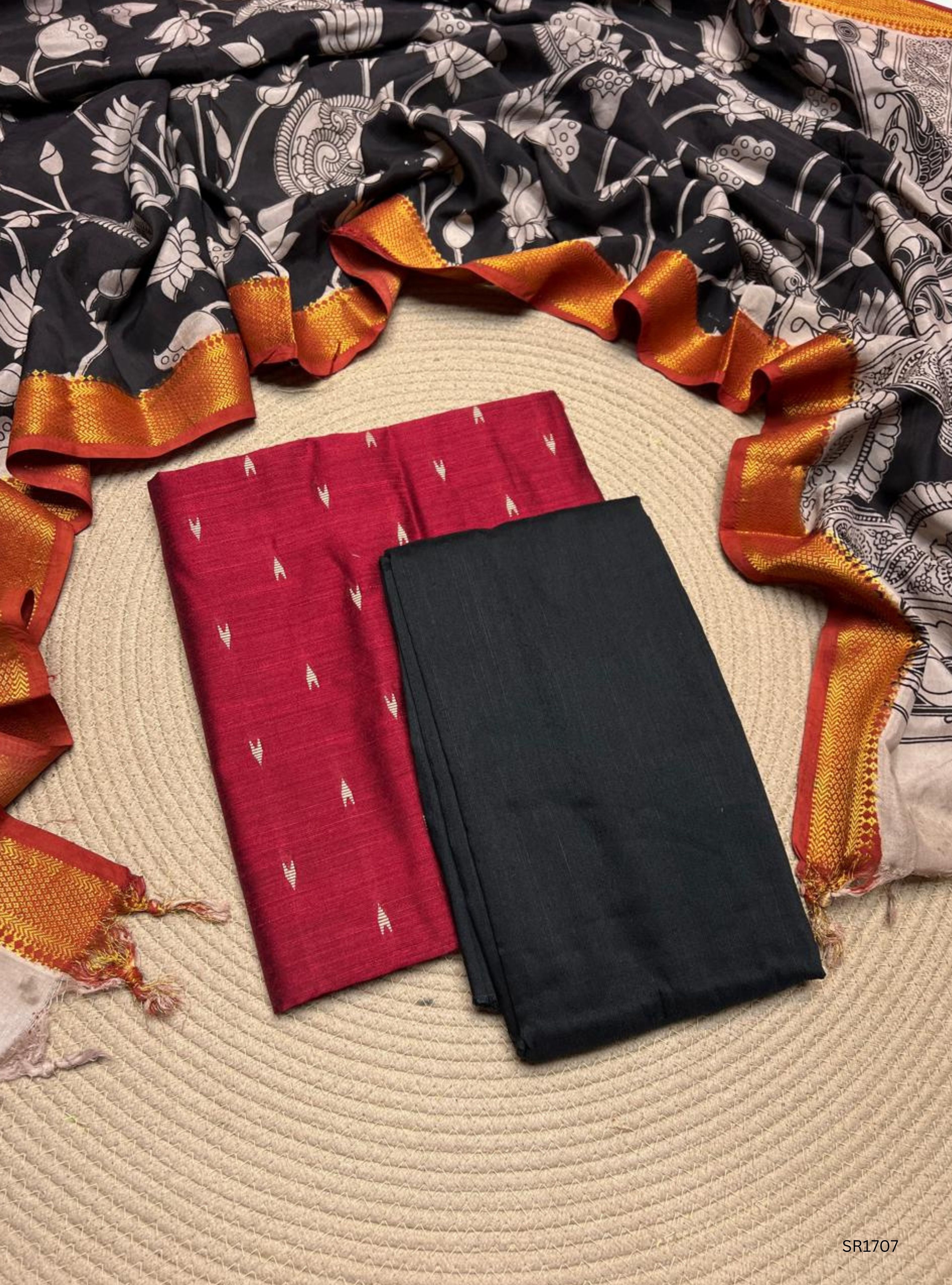 Maroon - Raw Silk X Kalamkari Unstiched Suit 3 Pc Set