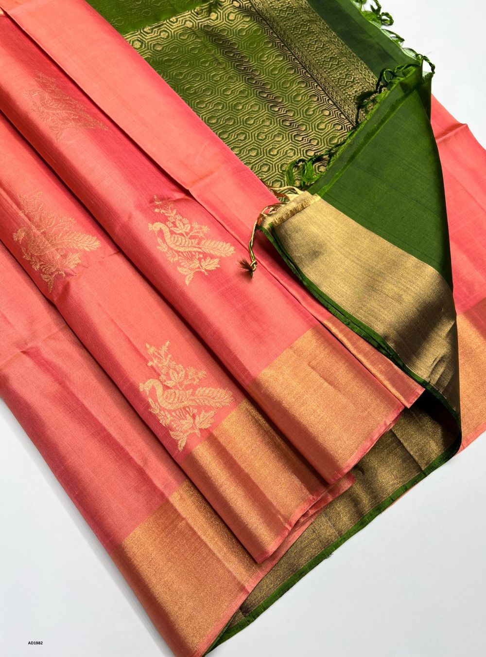 Peach & Dark Green - Soft Silk Saree