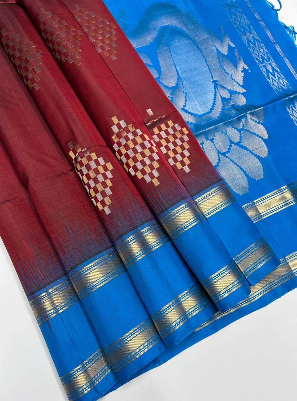 Maroon & Blue - Soft Silk Saree