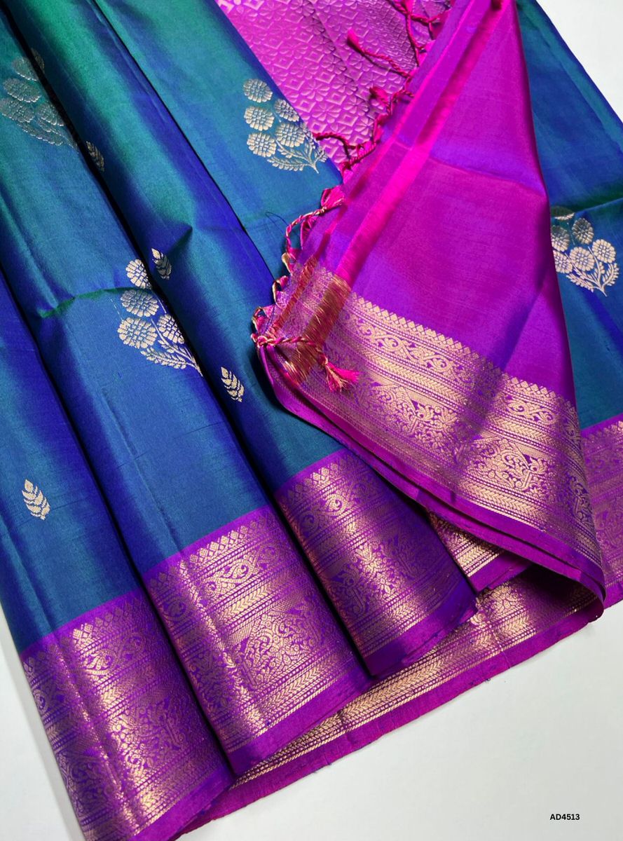 Peacock Blue & Purple - Kanchi Border Soft Silk Saree