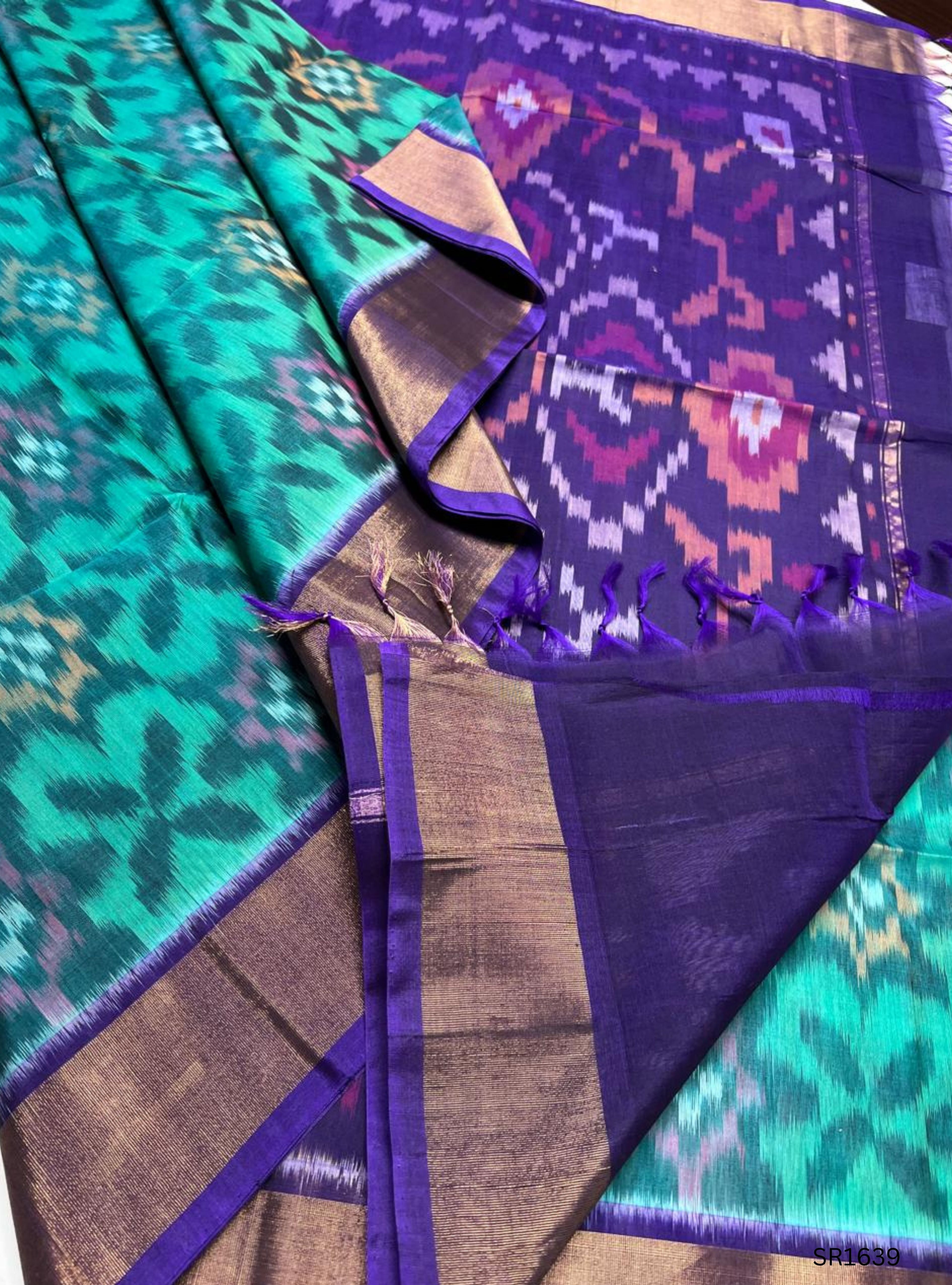 Emeraled Green , Black & Purple - Ikkat Kora Cotton Saree