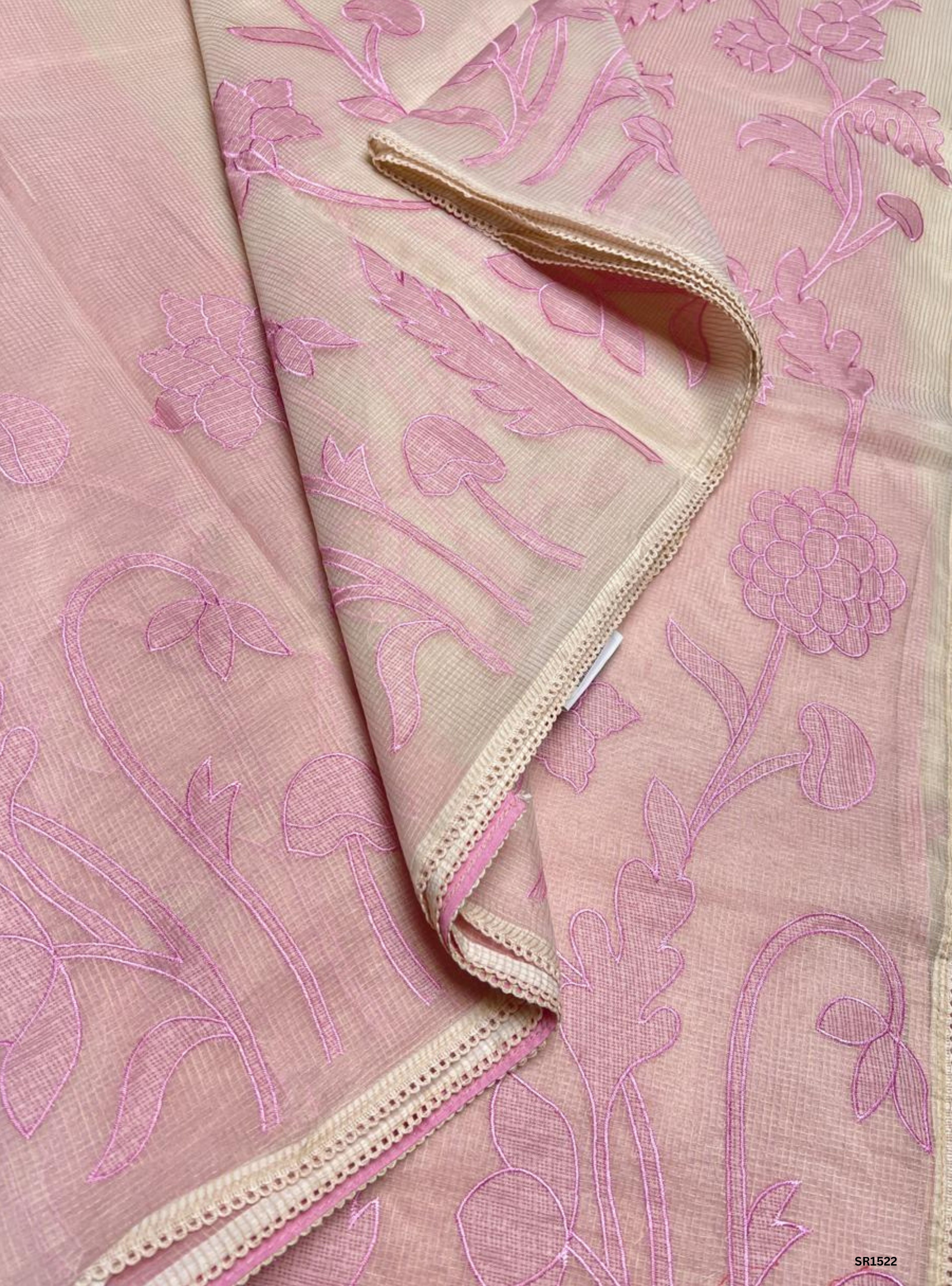 Half White & Pink - Kota Applique Work Saree
