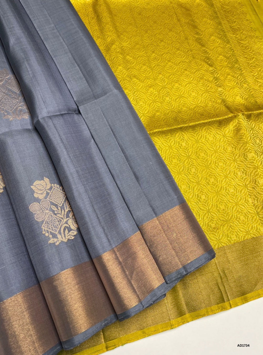 Grey & Lime Green - Soft Silk Saree