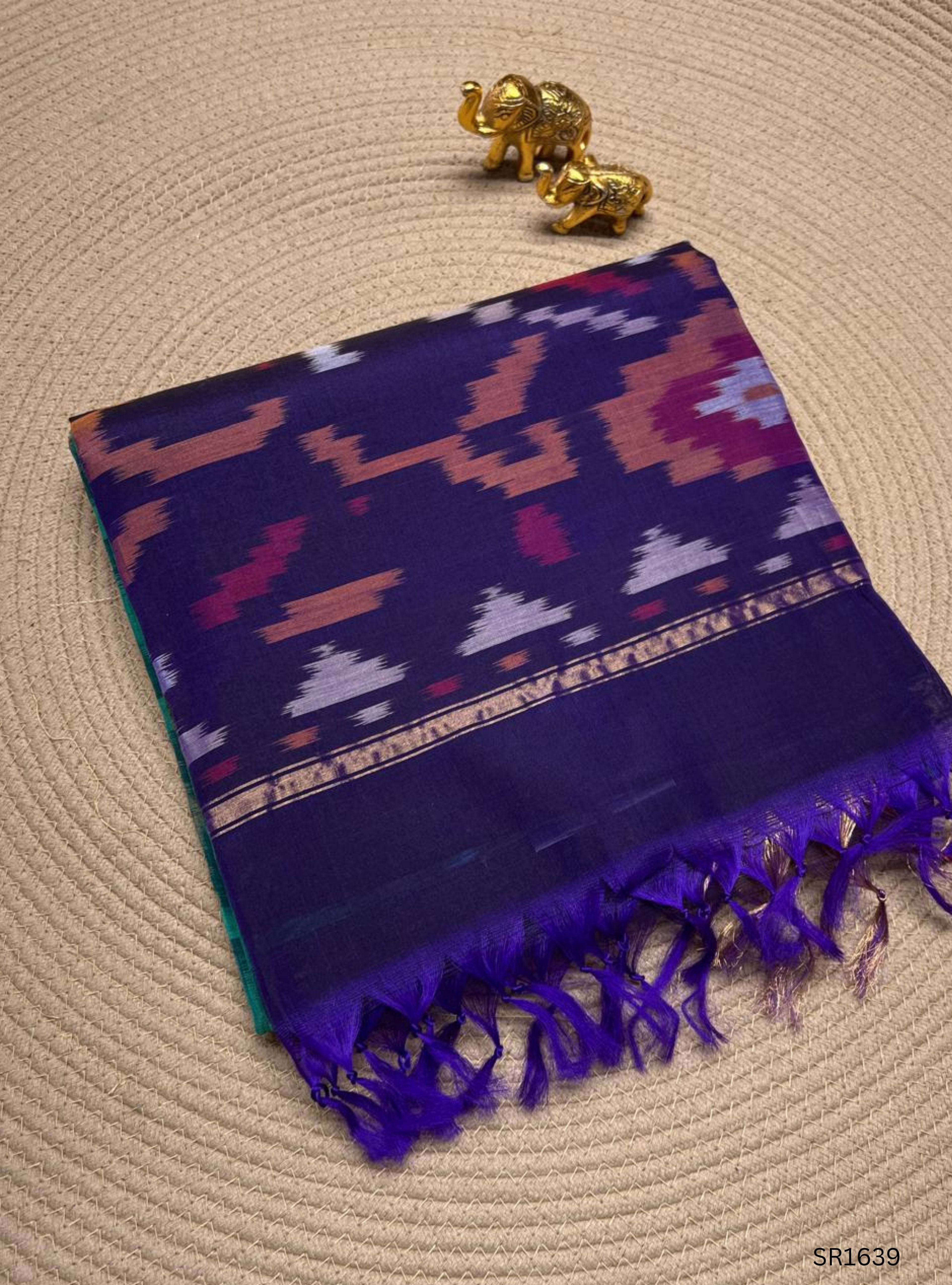 Emeraled Green , Black & Purple - Ikkat Kora Cotton Saree