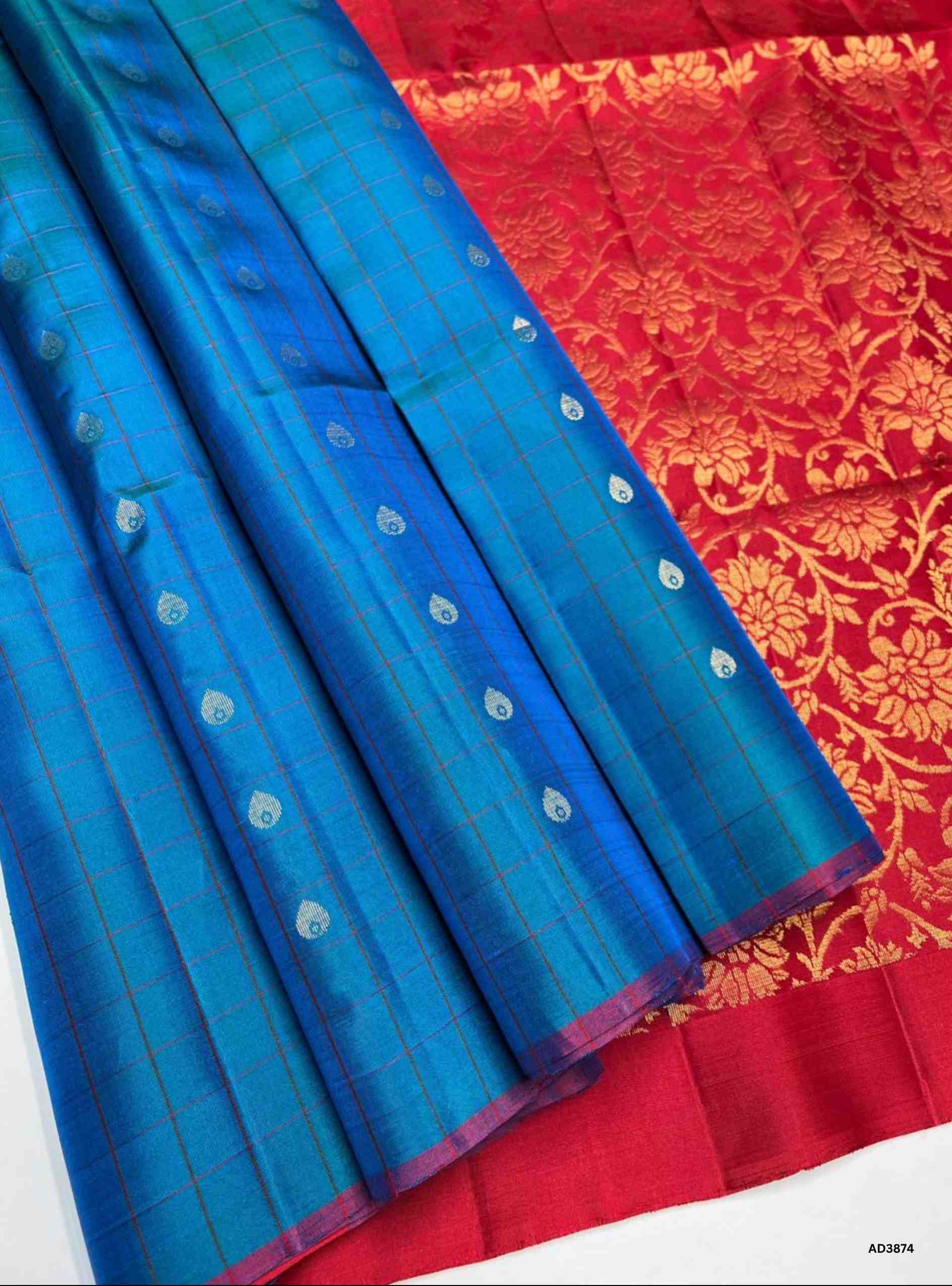 Blue & Red - Checkerd Soft Silk Saree