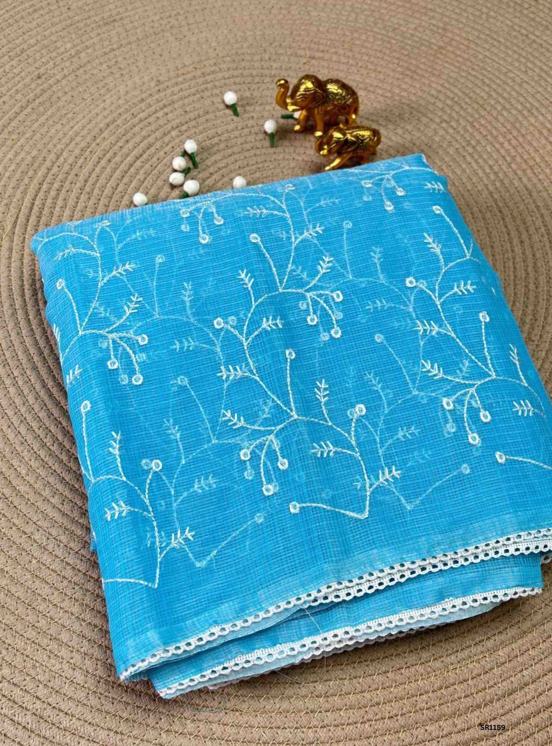 Sky Blue - Embroidered Pure Kota Cotton Saree