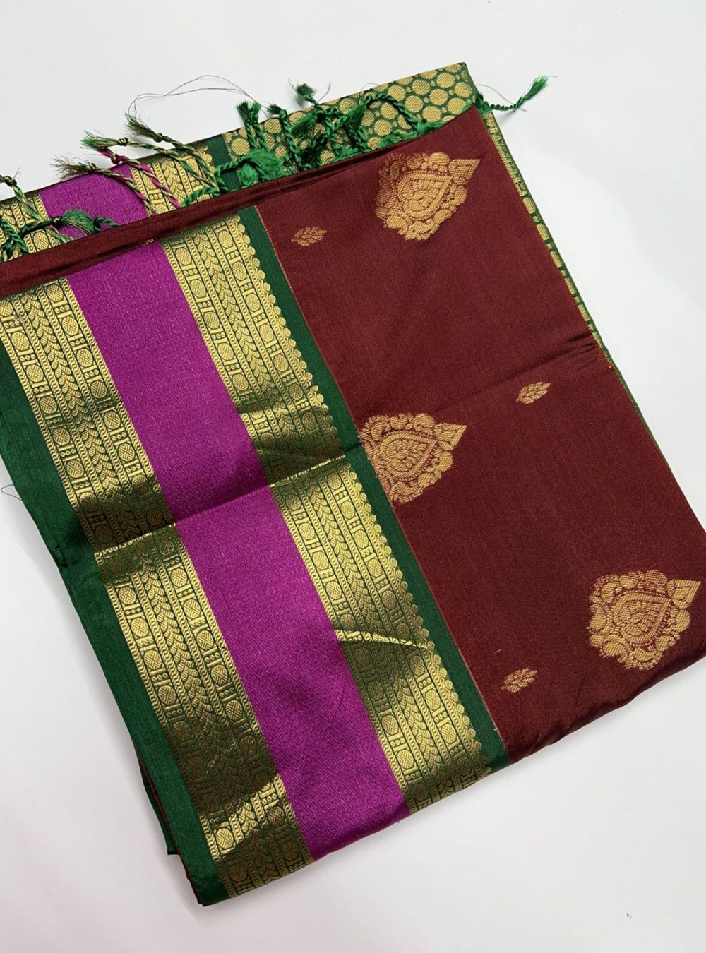 Brick Brown & Green - Semi Silk Saree