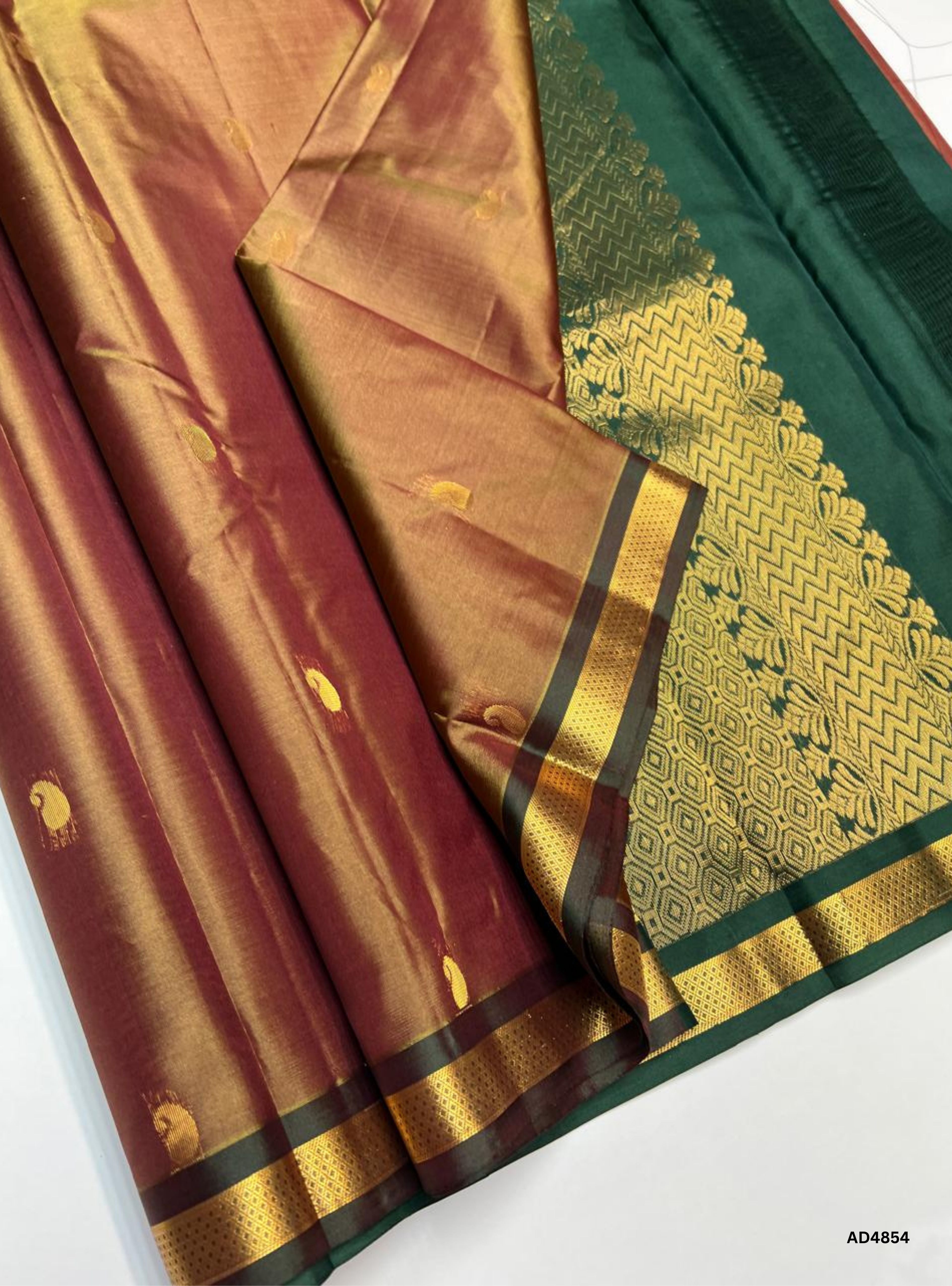 Dual Tone Brown & Green - Kanchi Border Soft Silk Saree