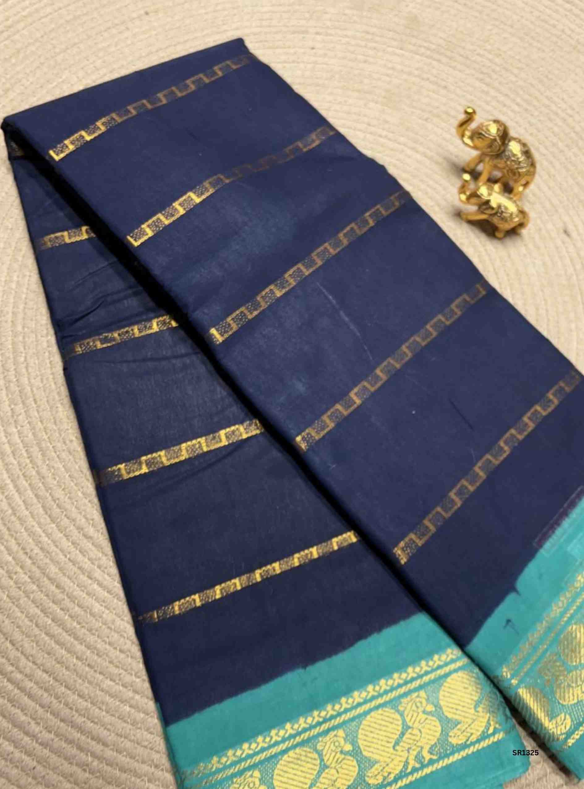 Navy Blue & Rama Green - Velthaari Chungudi Cotton Saree