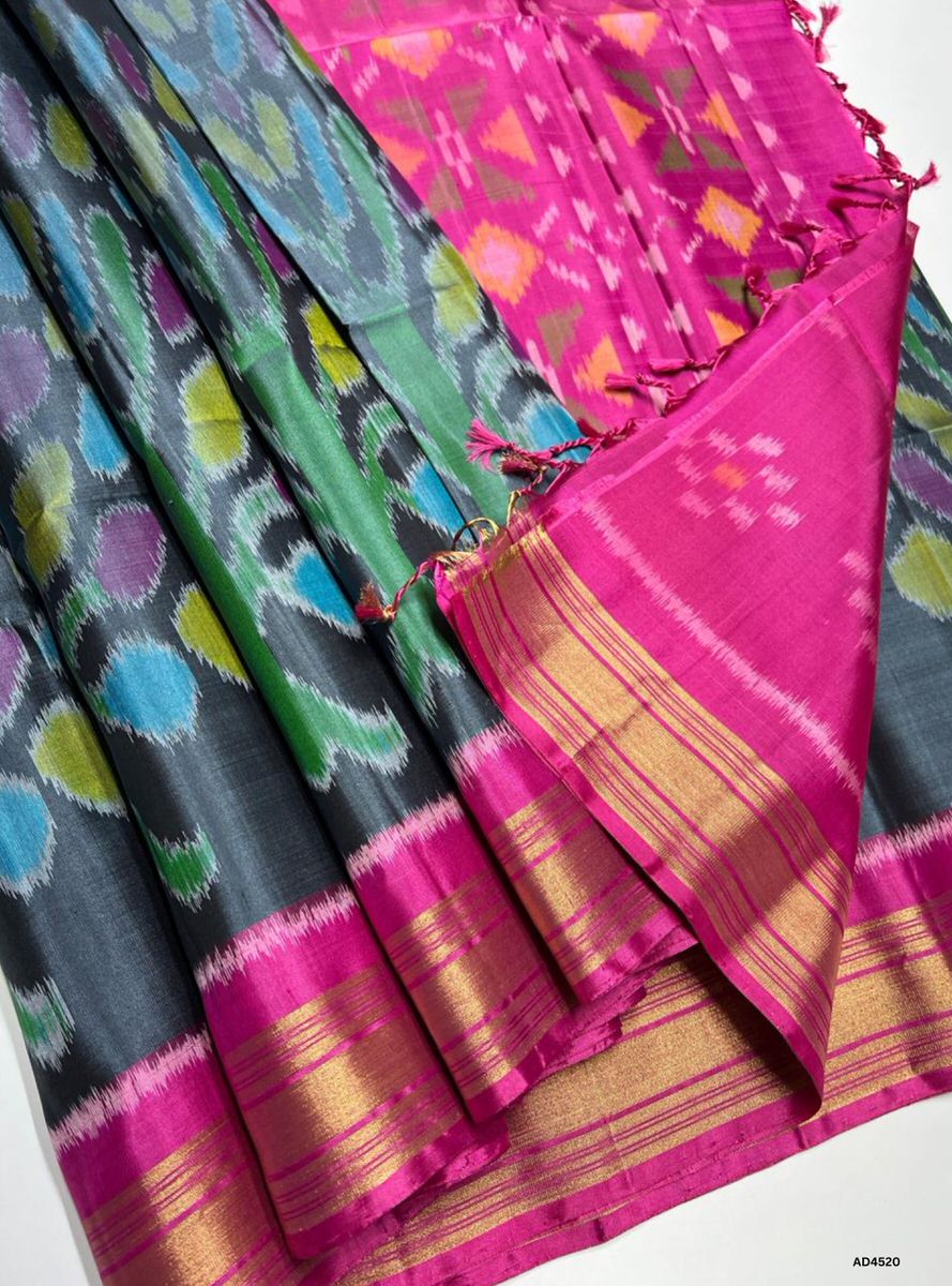 Grey & Pink - Pochampally Soft Silk saree
